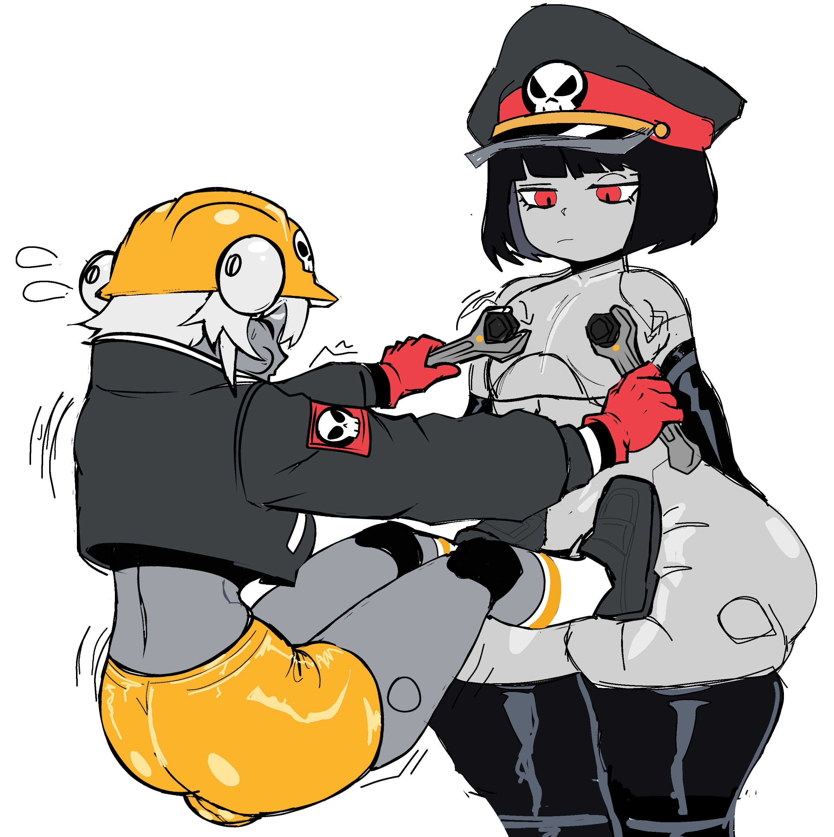 bingbingzi, chengchezhiice, femboy, gray skin, robot, robot commander (bingbingzi), robot girl, robot humanoid, thick thighs, trembling, tweaking nipple