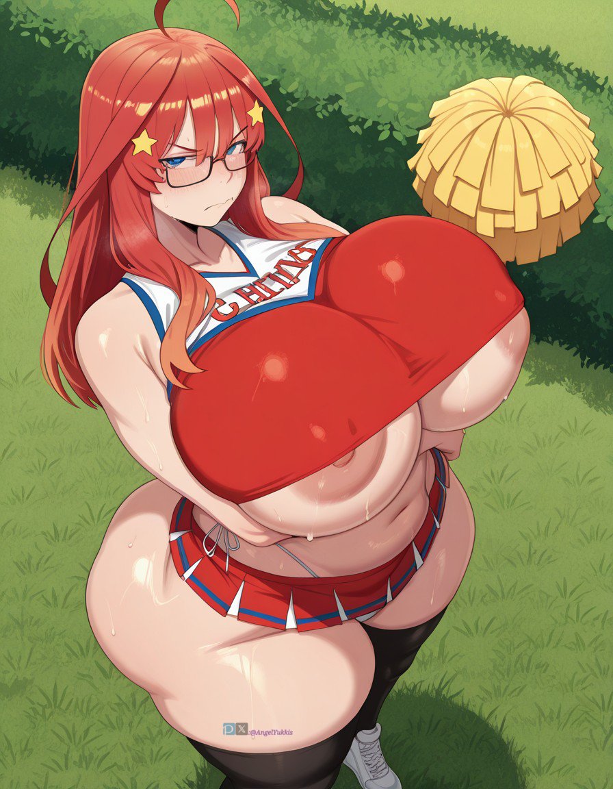 1girls ai_generated angel_yukkis ass big_ass big_breasts big_tits breasts cheerleader cheerleader_uniform curvy curvy_female curvy_figure day fat_ass go-toubun_no_hanayome nakano_itsuki nipples oppai park pussy pussy_juice sexy_female sexy_pose skirt sleeveless_shirt sweat thong tits voluptuous_female wet wet_pussy white_thong