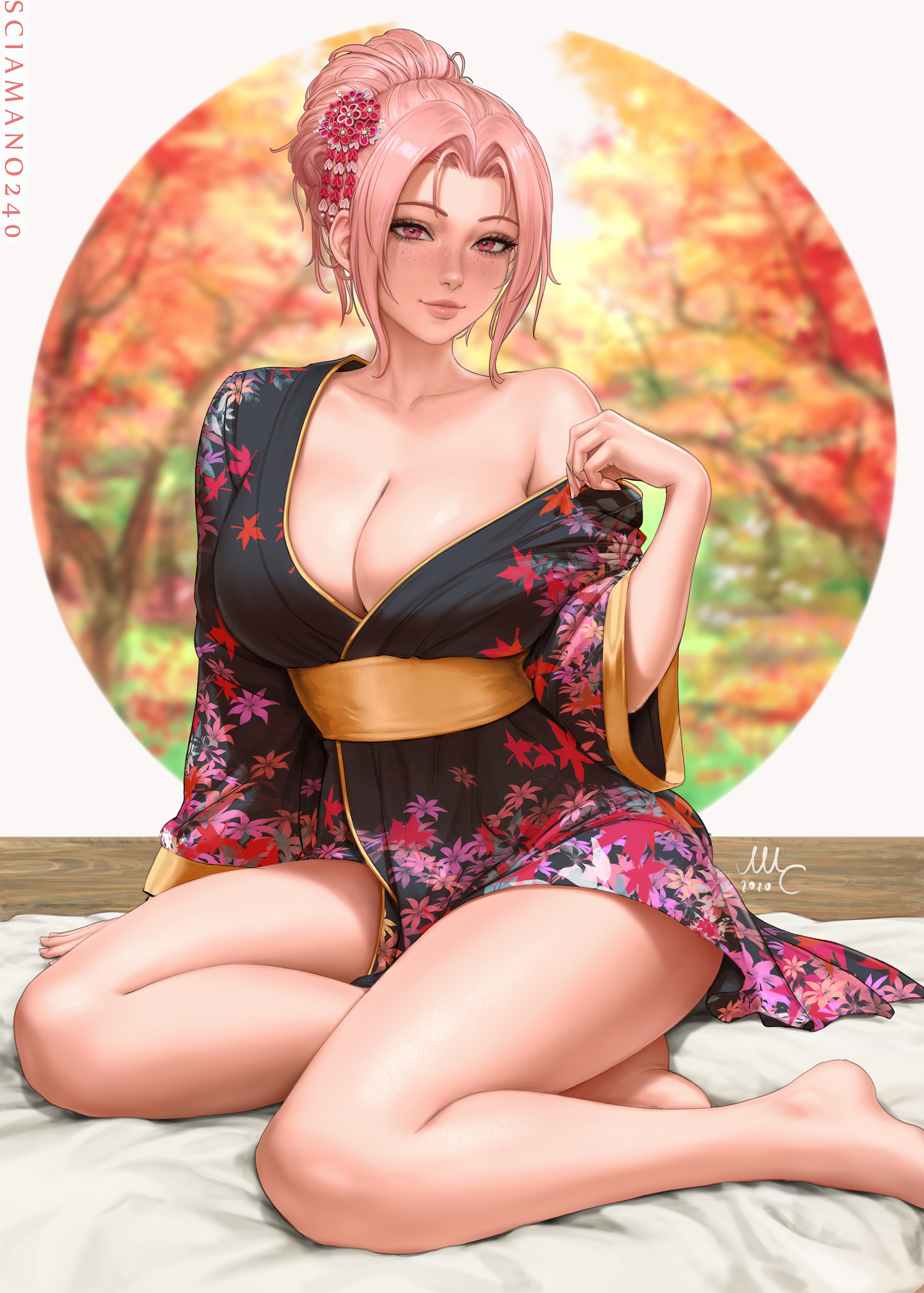 1girl, 1girls, big breasts, chloe (sciamano240), japanese clothes, japanese hairstyle, kimono, light skin, light-skinned female, mirco cabbia, oc, original character, pink eyes, pink hair, sciamano240, solo, solo female