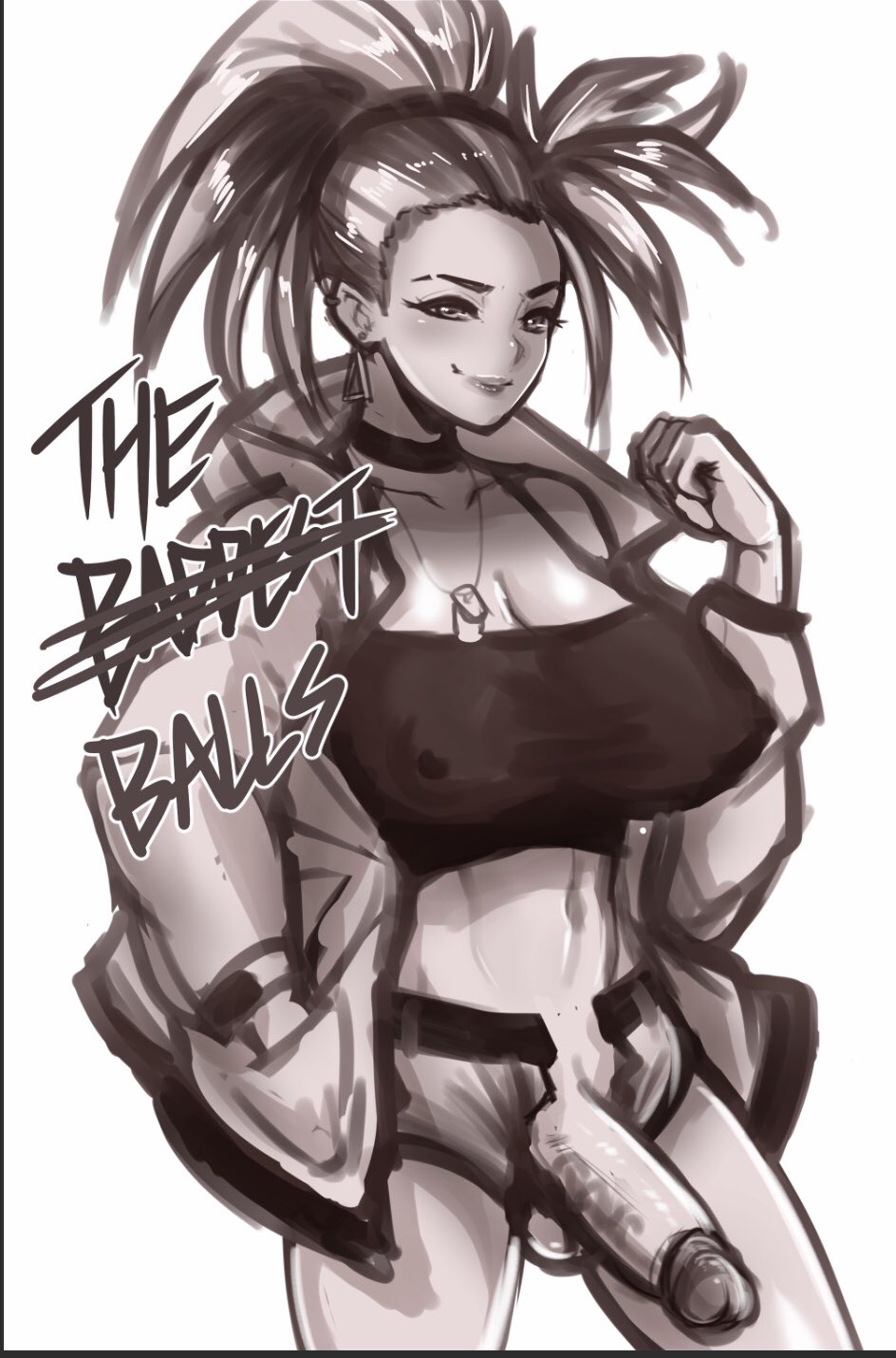 1futa, akali, big breasts, breasts, cleavage, dickgirl, futa only, futanari, intersex, large breasts, league of legends, looking at viewer, monochrome, penis, solo, tinnies