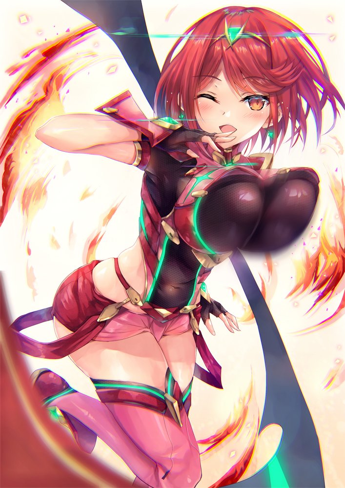 1girls armor bangs bouncing_breasts breasts covered_navel earrings female fingerless_gloves gem gloves headpiece hinot inoue_takuya_(pixiv_99697) jewelry large_breasts nintendo open_mouth pyra_(xenoblade) red_eyes red_hair red_shorts short_hair short_shorts shorts shoulder_armor simple_background smile solo swept_bangs tiara xenoblade_(series) xenoblade_chronicles_2