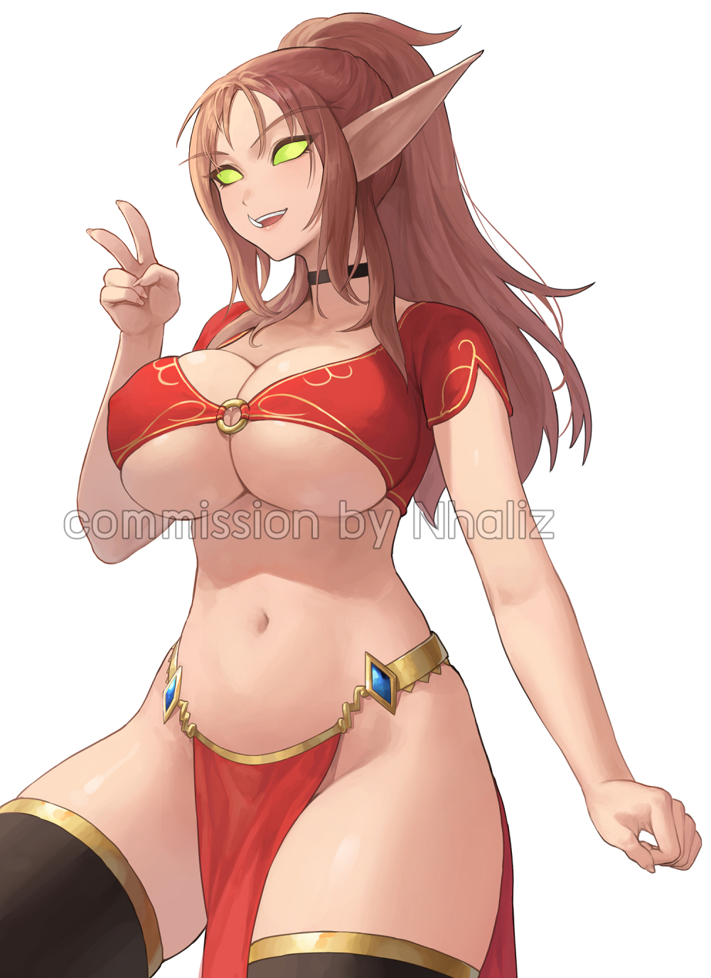 blood elf, breasts, cleavage, clothing, curvy, ear, elf, female, female only, large breasts, nearie, nhaliz, pinup, seductive, solo, warcraft, world of warcraft