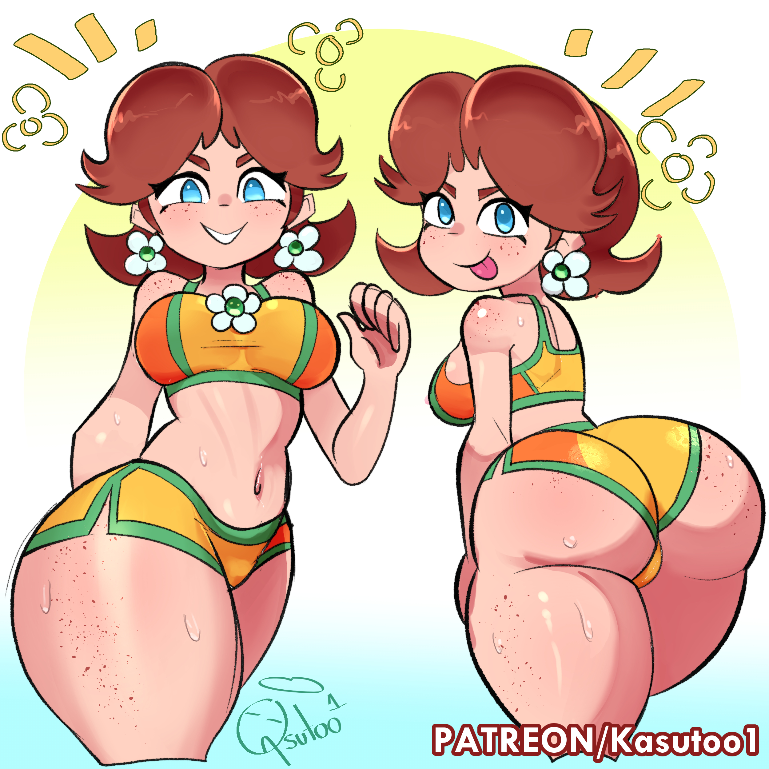 1girls, ass, big ass, big breasts, bikini, blue eyes, breasts, brown hair, cropped legs, curvy, earrings, flower earrings, huge ass, jewelry, kasutoo1, looking at viewer, mario (series), mario kart, mario kart world, princess daisy, princess daisy (swimwear), short hair, smile, sports bra, sweat, sweatdrop, swimsuit, thick thighs, thighs, wide hips