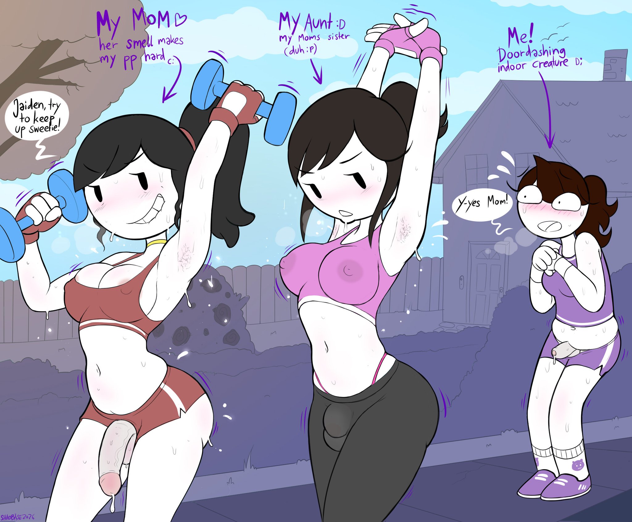 2d, 2d (artwork), 2d artwork, 3futas, armpit, armpit fetish, armpits, armpits fetish, aunt, blush, blushing, blushing futa, breast squeeze, breasts, brown hair, brown hair futa, futanari, incest, jaiden, jaiden (jaiden animations), jaiden animations, jaiden dittfach, jaidenanimations, jaidens aunt, jaidens mom, light skin, light-skinned futa, mother, mother and child, mother and daughter, nipples, nipples visible through clothing, outside, pussy, pussy lips, shadman, sweat, sweatdrop, sweating, sweaty, sweaty body, sweaty breasts, talking, talking to another, text, text bubble, tight, tight clothing, tight fit, vagina, watermark, wet, white body, working out, workout, workout clothes, youtube, youtuber