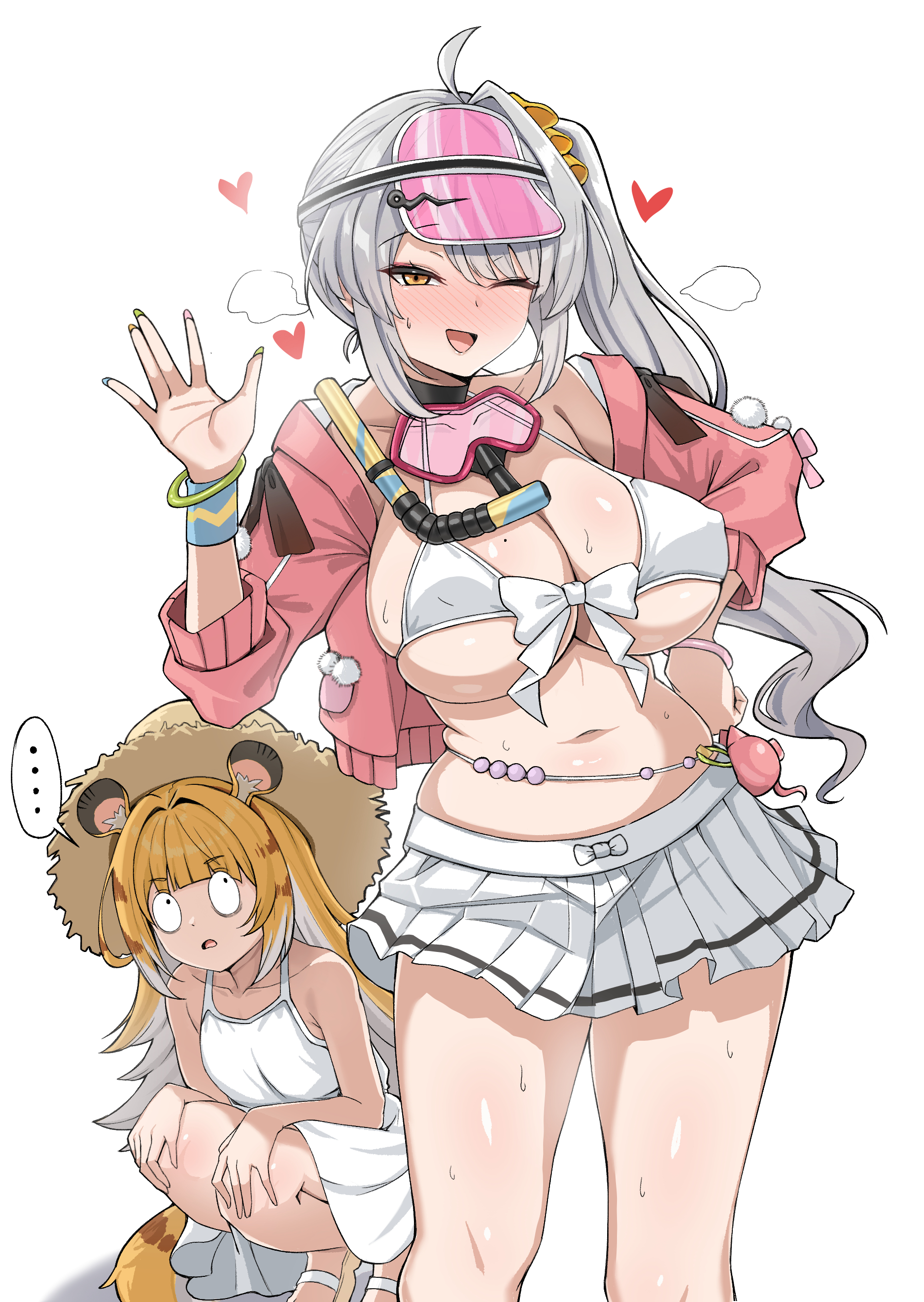 ..., ...., 2girls, amber eyes, animal ears, bikini, blush, cosplay, diving mask, female, female focus, female only, goggles, goggles around neck, hat, highres, hoyoverse, huge breasts, jacket, ju fufu, light skin, light-skinned female, long nails, looking at another, looking at viewer, luciana de montefio (cosplay), luciana de montefio (princess on holiday), mihoyo, mole, mole on breast, nahanmin, navel, one eye closed, pink jacket, side ponytail, simple background, skirt, squatting, sun hat, sundress, sweat, sweating, swimsuit, tiger ears, tiger girl, too big for clothing, too old for this, visor cap, waving, waving at viewer, white background, white bikini, white hair, wink, yixuan (zenless zone zero), zenless zone zero