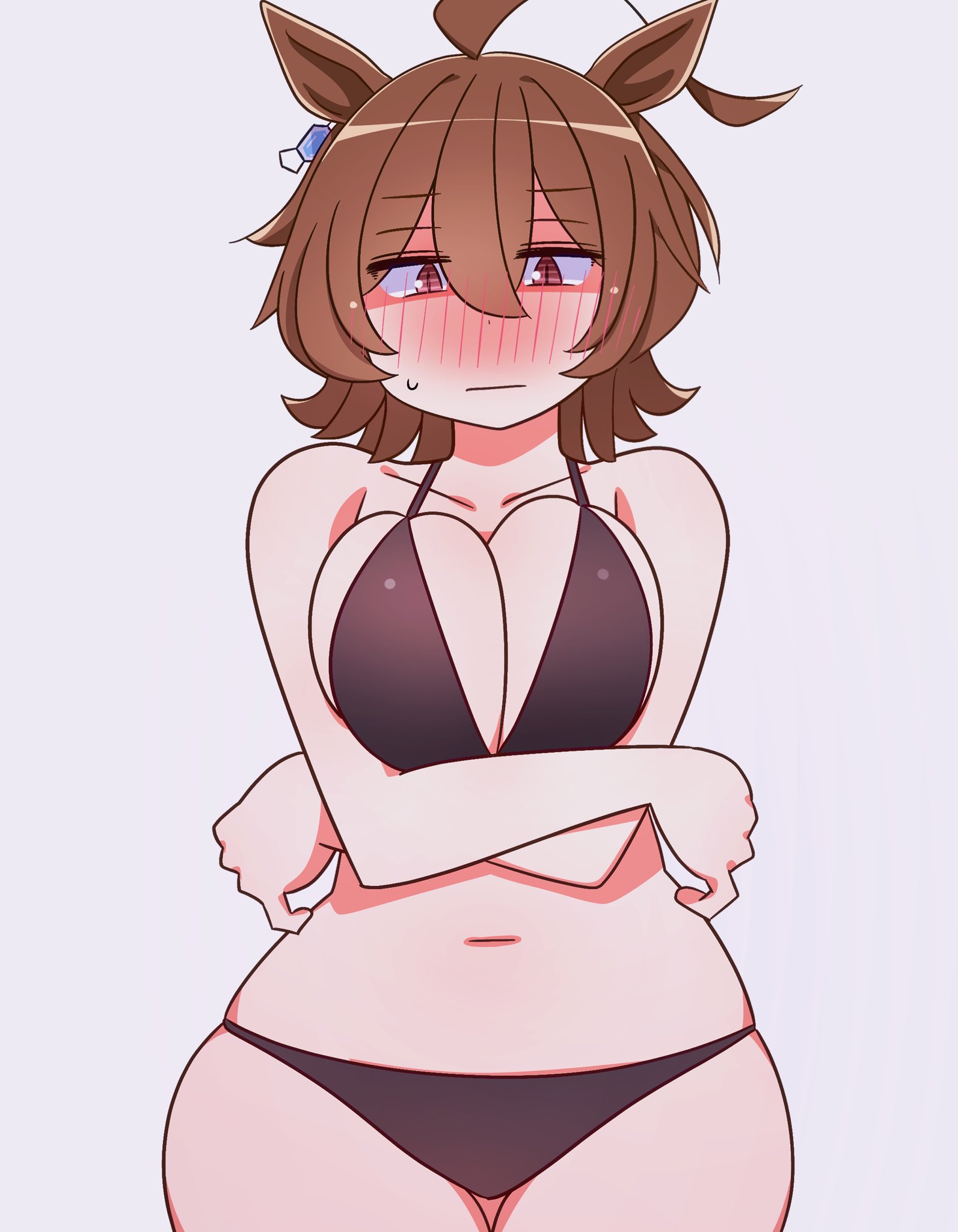 1girls, agnes tachyon (umamusume), ahoge, bikini, blush, blush lines, blushing, boobs, breasts, brown hair, female, horse, horse ears, horse girl, kaijin debeso, red eyes, simple background, skindentation, thighs, umamusume, white skin