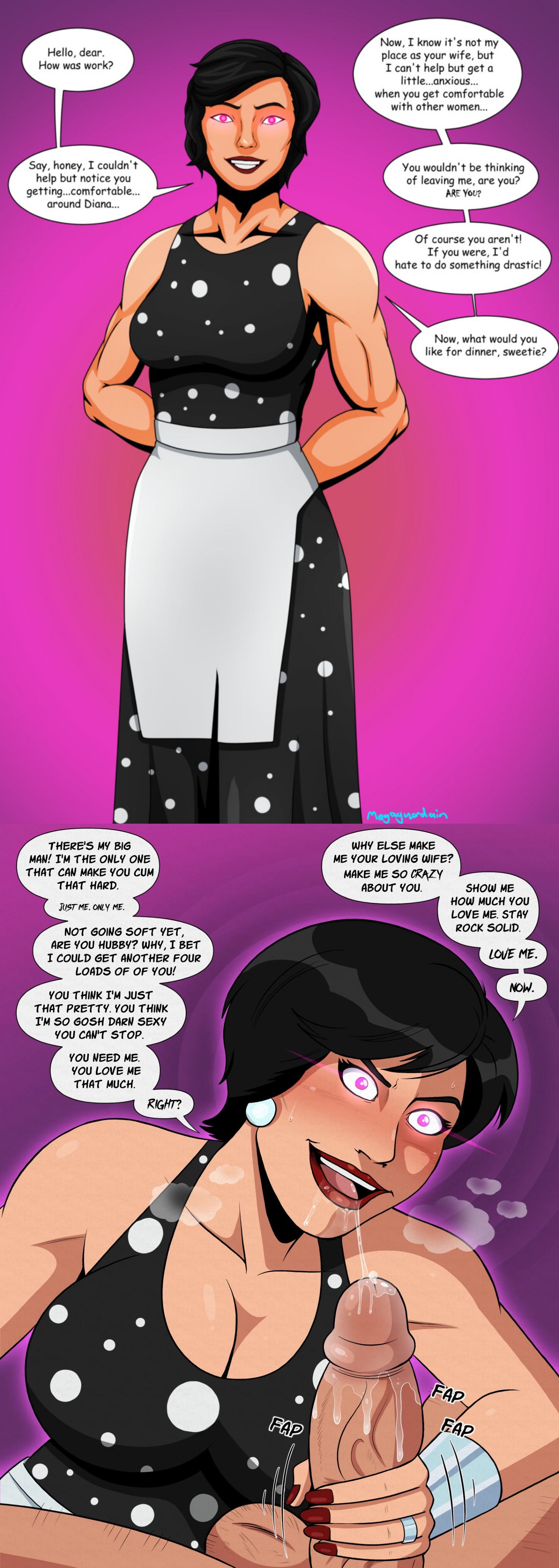 1boy, 1girls, 3:4, balls, big breasts, big penis, black hair, blowjob, bracelet, bracelets of submission, breasts, cleavage, clothed female, clothed female nude male, cock, dc, dc comics, dialogue, dick, donna troy, dress, drool, drool string, drooling on penis, earrings, english, english text, fap (sound effect), female, female yandere, femsub, hairy balls, hairy legs, handjob, housewife, hypnosis, hypnotizing viewer, large breasts, large penis, looking at viewer, male, mind control, motion lines, nude, nude male, obsessed, onomatopoeia, oral, oral sex, penis, pink eyes, polmanning, red lipstick, red nails, ring, short hair, simple background, smile, speech bubble, spread legs, stepford wife, stepfordization, straight, super hero, teen titans, text, unseen male face, veins, veiny, veiny penis, visible breath, wedding ring, wonder girl, wonder girl (donna troy), wonder woman (series), yandere