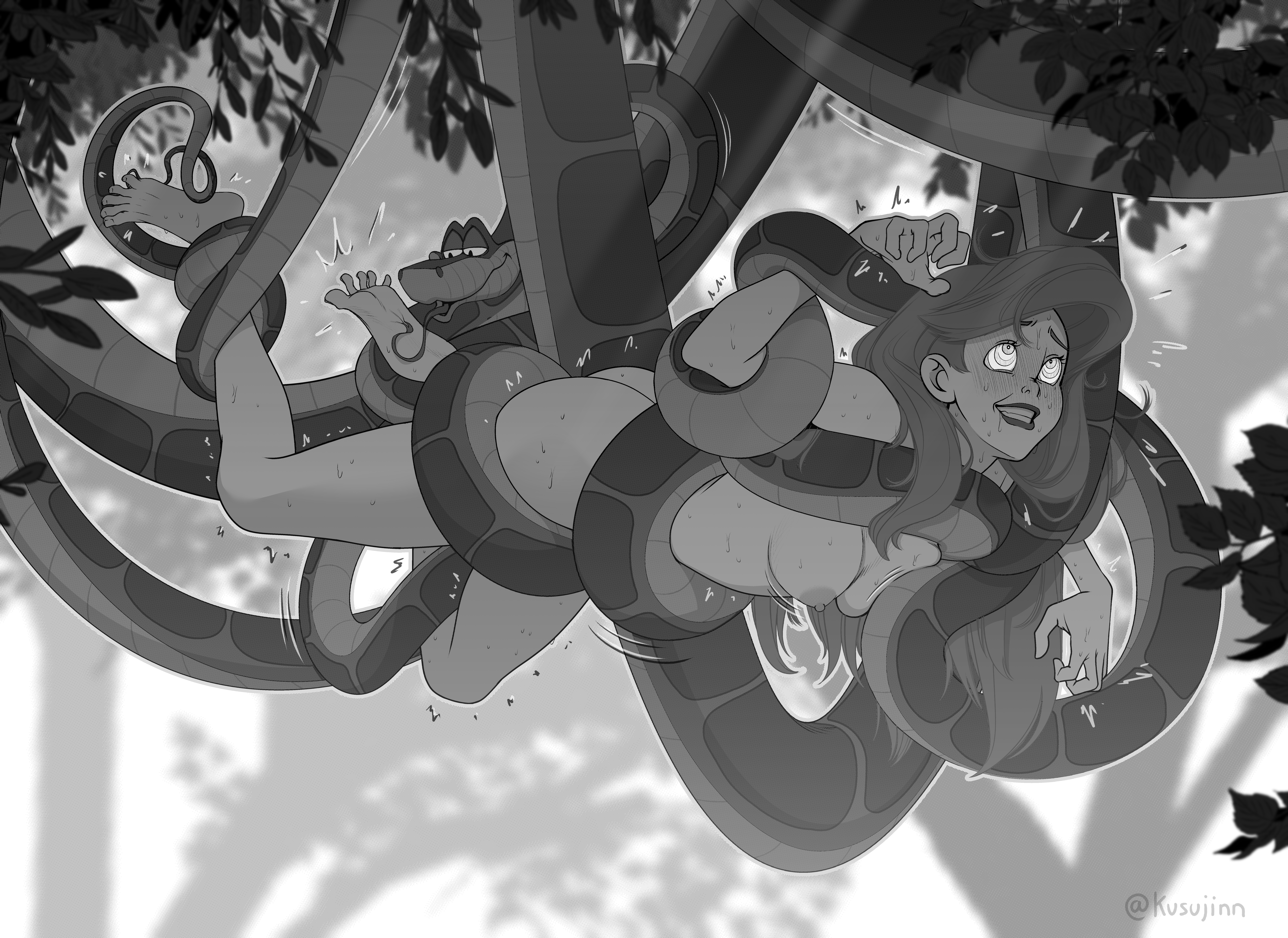 1girls, absurd res, areolae, ariel (the little mermaid), artist name, ass, bad end, barefoot, black and white, breasts, captured, captured heroine, defeated, disney, feet, female, foot fetish, hypnosis, hypnotic eyes, hypnotized, kaa, kaa eyes, kidetic, kusujinn, mind control, monochrome, naked, naked female, nipples, smile, smiling, snake, the jungle book, the little mermaid, tickle torture, tickling, tickling feet, tits, topless, topless female, touching breast