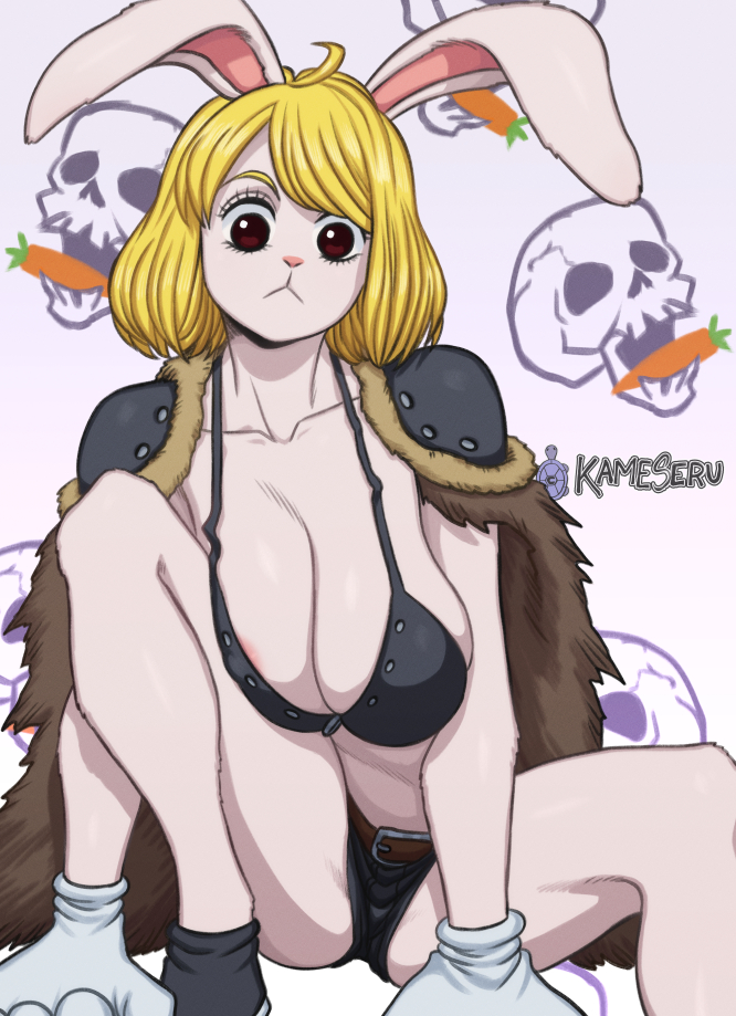 1girls, areola slip, areolae, beast pirates, beast pirates (cosplay), bikini top, blonde hair, blonde-haired female, breasts, bunny girl, cape, carrot (one piece), cleavage, eyelashes, female, female only, furry, gloves, highres, huge breasts, kameseru, long hair, looking at viewer, medium hair, one piece, red eyes, shorts, shoulder pads, solo, squatting, tail, white fur