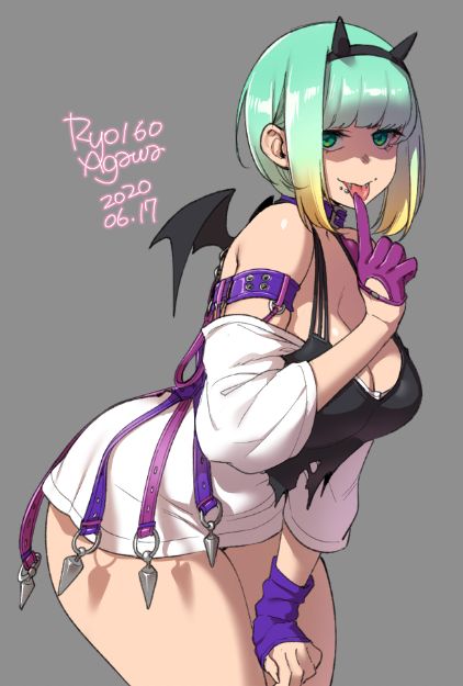 :p, 1girls, 2020, aqua hair, artist name, bare shoulders, breasts, cleavage, dated, demon, demon girl, demon wings, female, finger in mouth, gloves, gradient hair, green eyes, grey background, large breasts, leaning forward, multicolored hair, original, purple gloves, ryo agawa, signature, simple background, solo, thick thighs, thighs, tongue, tongue out, wings