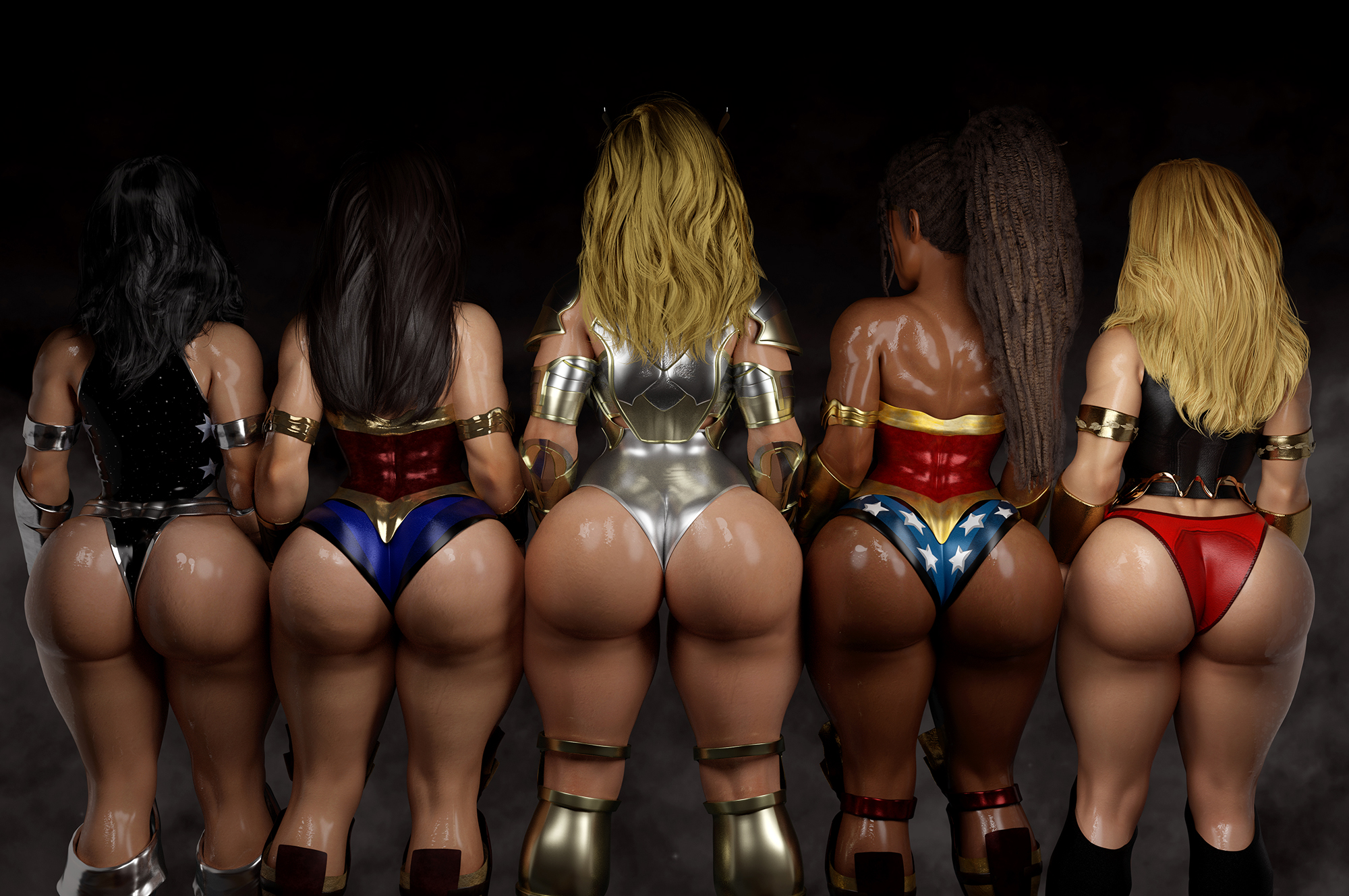 3d, 5girls, armor, ass, ass focus, big ass, black hair, blonde hair, bracelets of submission, brown hair, cassie sandsmark, cursedmadara, dark skin, dark-skinned female, dc, dc comics, diana of themyscira, donna troy, dreadlocks, female, female only, hippolyta, huge ass, large ass, long hair, multiple girls, nubia of themyscira (zahavah), shiny skin, wonder girl, wonder girl (cassie sandsmark), wonder girl (donna troy), wonder woman, wonder woman (series)