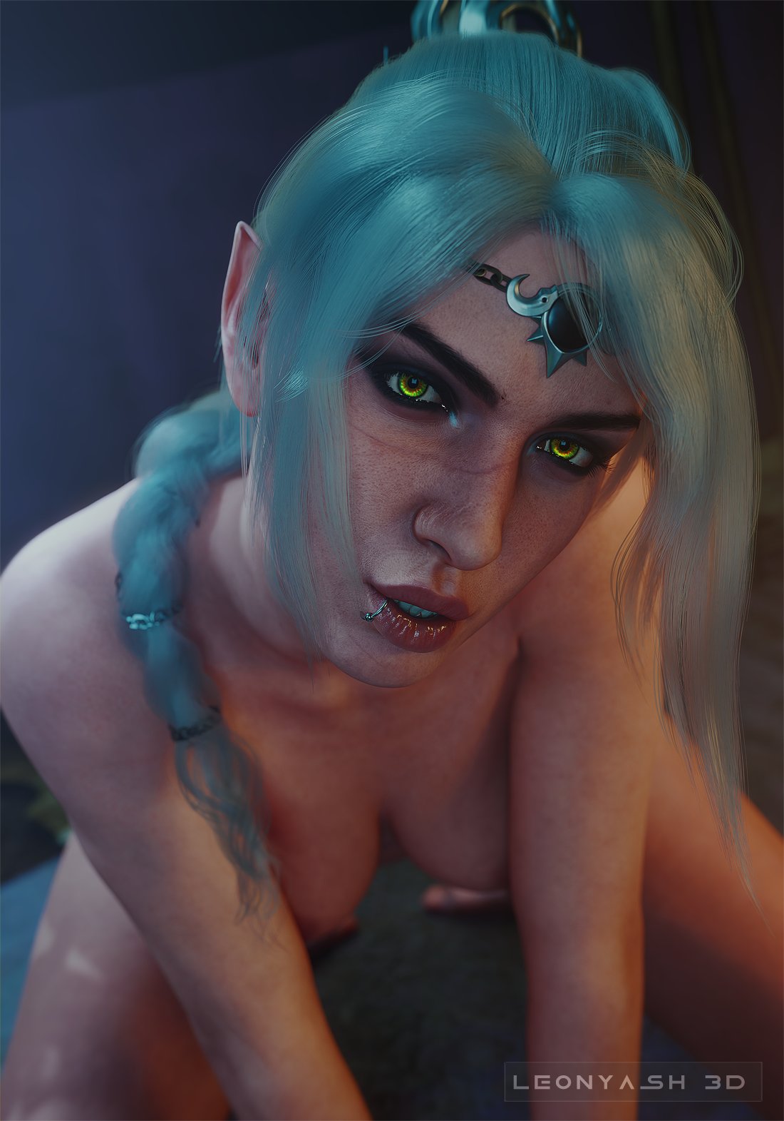 1girls, 2026, 3d, artist name, baldur's gate 3, circlet, close-up, convenient censoring, convenient censorship, depth of field, dungeons and dragons, eye contact, female, female only, hair ornament, half-elf, leonyash3d, lip piercing, lip ring, looking at viewer, medium breasts, naked, naked female, nonsexual nudity, nude, nude female, on knees, pointy ears, ponytail, scar, scar on face, shadowheart, solo, solo female, very long hair, white hair, yellow eyes