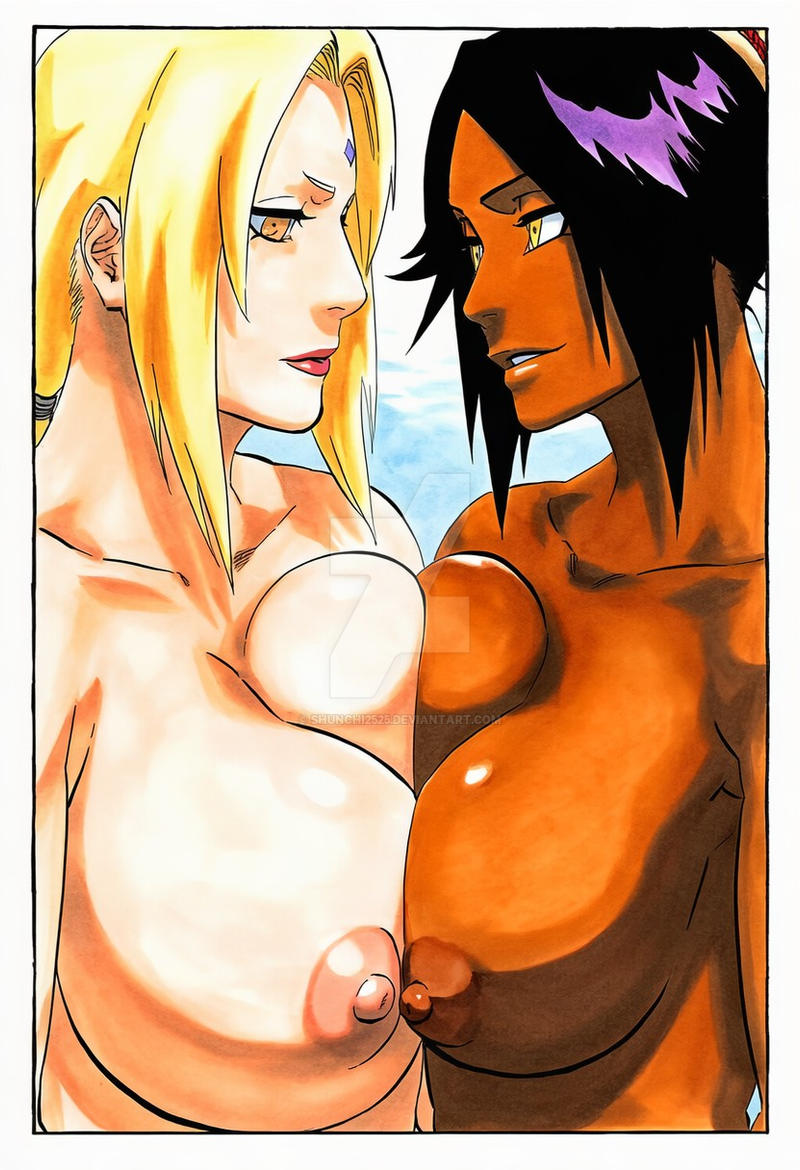 2girls, ai generated, bleach, blonde hair, crossover, dark-skinned female, milf, naruto (series), shihouin yoruichi, tsunade