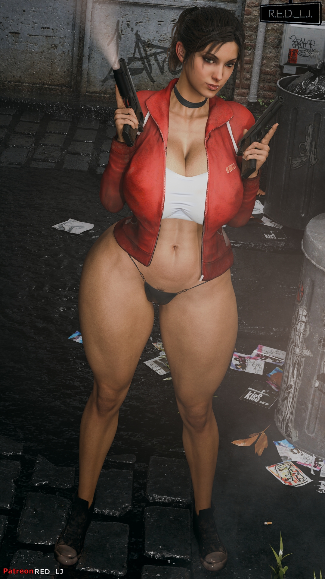 1girls, 3d, big breasts, big thighs, black bikini bottom, blender (software), breasts, cleavage, clothing, female, female only, green eyes, gun, holding gun, holding weapon, human, human only, jacket, jacket open, left 4 dead, left 4 dead (series), light skin, light-skinned female, long hair, mammal, mature, mature female, nipples, open clothes, open jacket, panties, patreon username, ponytail, red jacket, red lj, shoes, solo, solo female, solo focus, thick thighs, thighs, tied hair, trash can, valve, valve (company), weapon, zoey (left 4 dead)