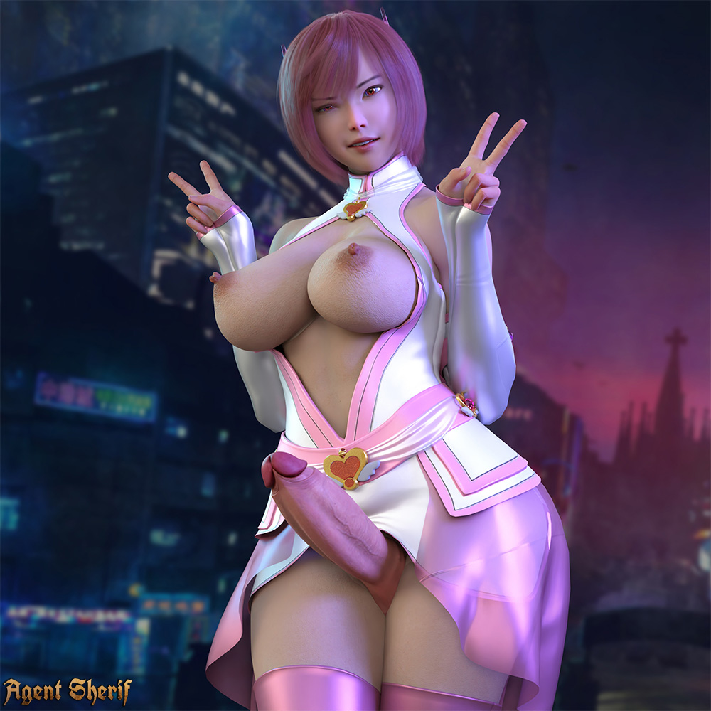 1futa, 3d, areolae, asian, big breasts, big penis, breasts, erection, functionally nude, futa only, futanari, intersex, nipples, nordfantasy, original character, partially clothed, peace sign, penis, pink hair, solo, solo futa, veiny penis