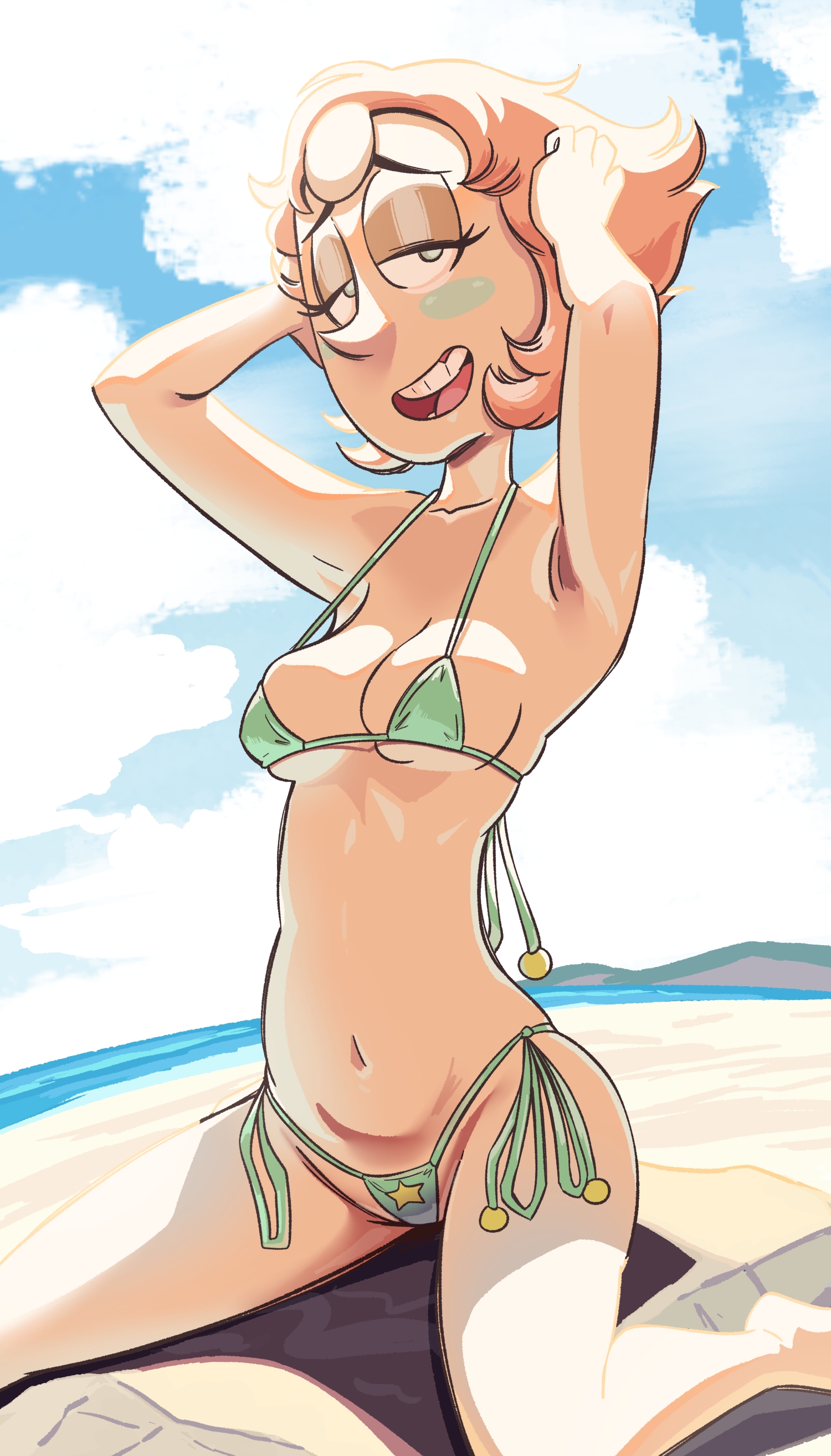 1girls, beach, beach background, bikini, bikini bottom, bikini top, blush, blushing, female, female only, mrralf, pale skin, pale-skinned female, peach hair, pearl (steven universe), pose, posing, sand, solo, solo female, steven universe, sunlight, water