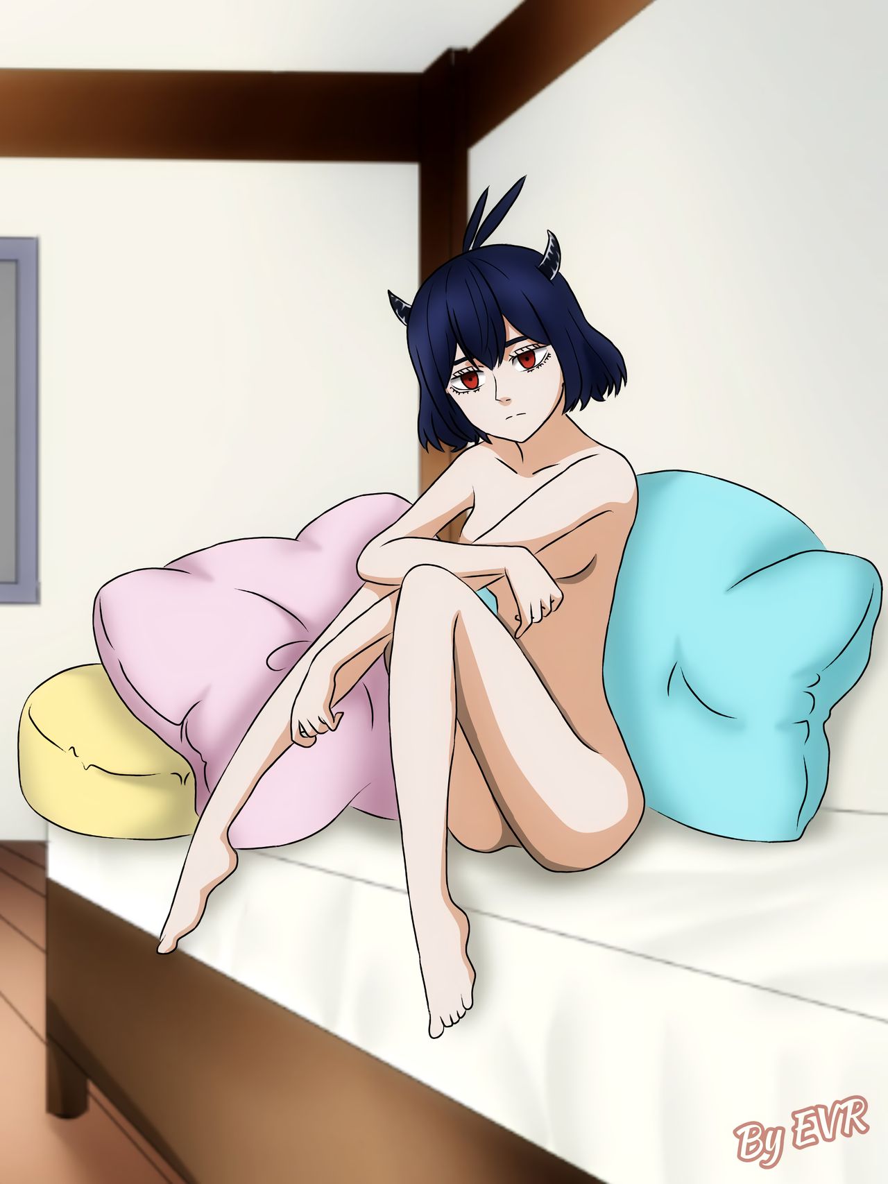 1girls bed black_clover black_hair convenient_censoring covering_breasts excalibur_overdrive horns looking_away naked nude nude_female on_bed petite red_eyes secre_swallowtail short_hair skinny thighs