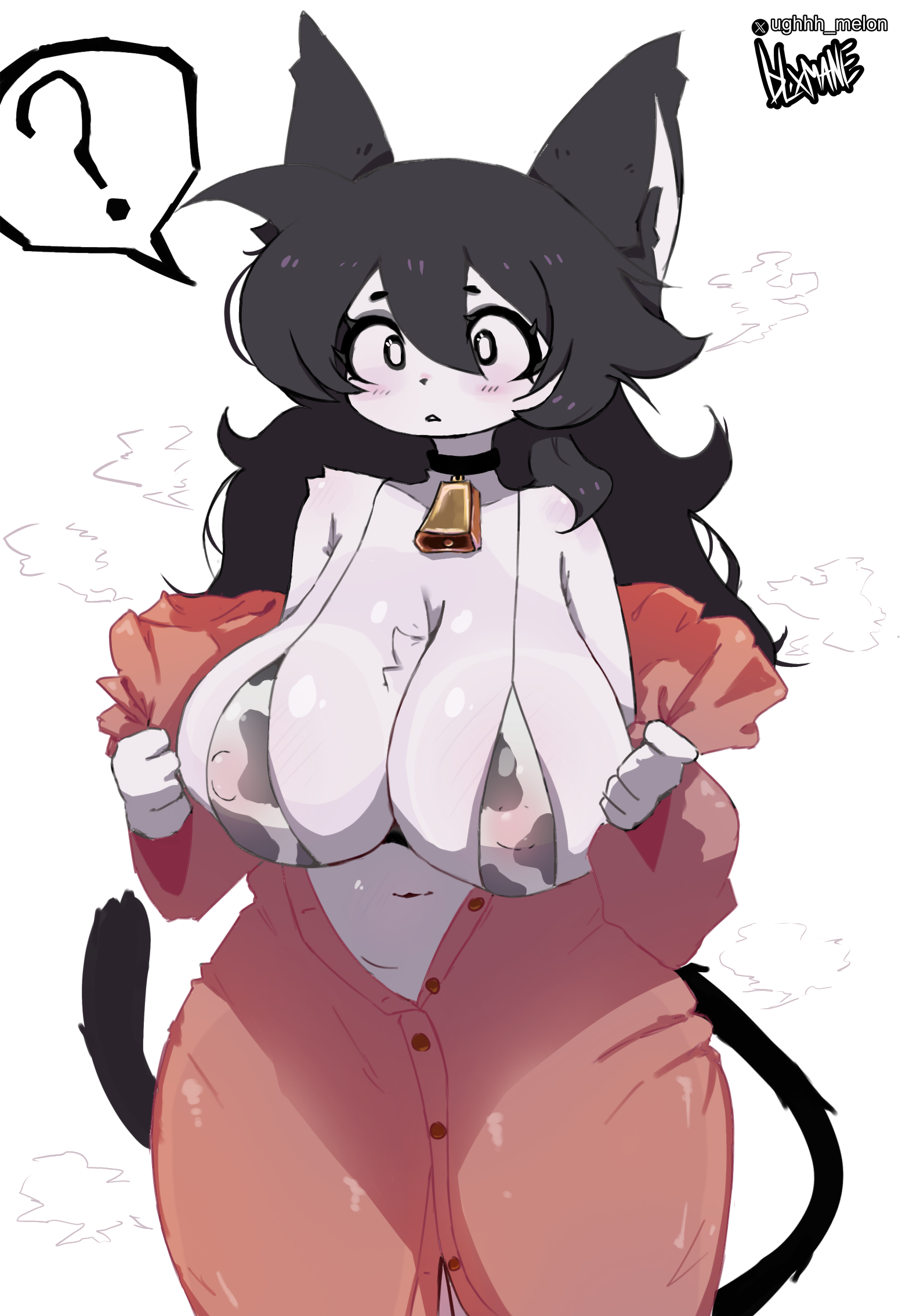 ?, 1girl, 1girls, 2d, absurd res, artist logo, artist name, artist signature, belly, belly button, black hair, bloxmane, blush, boobs, breasts, breasts bigger than head, breasts out, cat ears, cat girl, cat tail, clothed, clothing, coat, confused, cow print bikini, curvy, curvy female, curvy figure, female, flushed, flustered, fur, furry, huge breasts, mako (makonekko), makonekko, nipple bulge, nipples, steam, thick thighs, thighs, ughhh melon, undressing, white body, white fur