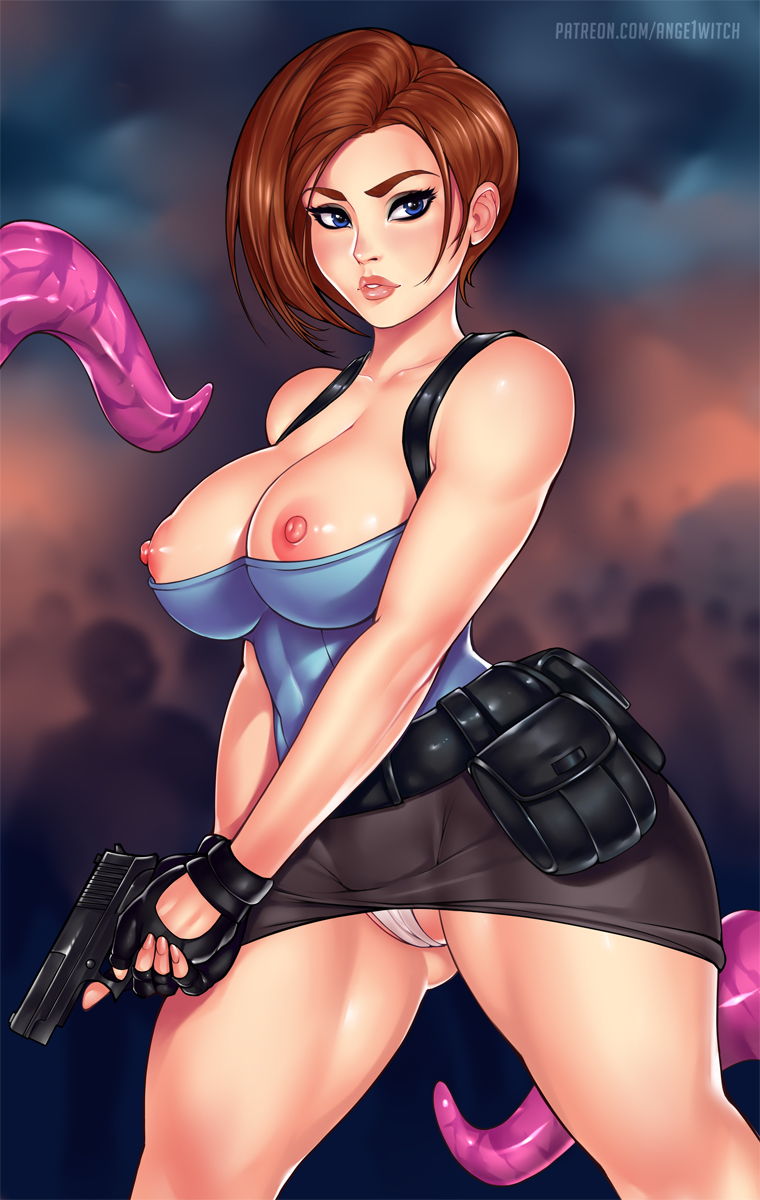 ange1witch, bag, belt, big breasts, blue eyes, breasts, breasts out, brown hair, cameltoe, capcom, female, female only, firearm, gun, handgun, handwear, human, imminent penetration, imminent rape, imminent sex, imminent tentacle rape, jill valentine, jill valentine (sasha zotova), mature female, pale skin, panties, pussy, resident evil, resident evil 3, short hair, skin tight, solo, solo female, solo focus, tentacles, thick thighs, tight skirt, weapon, wedgie
