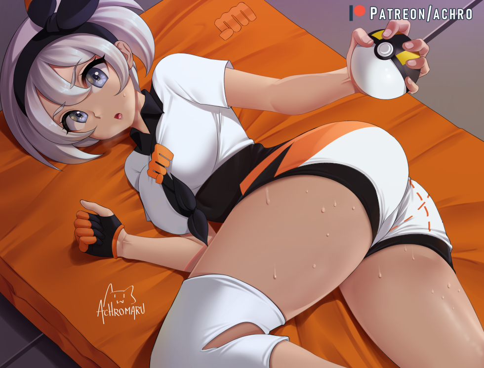 achromaru, bea (pokemon), breasts, dark skin, dark-skinned female, female, female only, grey hair, human, nintendo, pokemon, pokemon ss, short hair, small breasts, solo, solo female, solo focus, tomboy