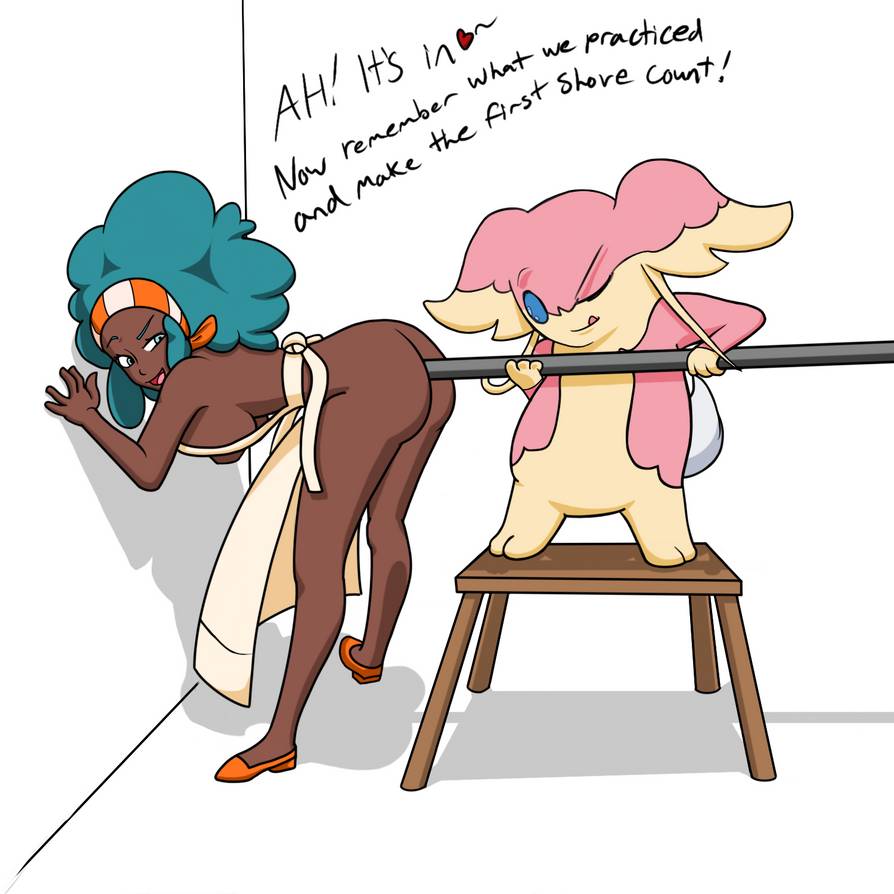 1girls afro against_wall anal anal_insertion apron audino big_ass big_hair dark-skinned_female dark_skin doggy_style english_text female green_eyes green_hair gross happy headband large_breasts lenora_(pokemon) looking_back nintendo nude_female object_insertion on_table one_eye_closed open_mouth orange_heels pokemon pokemon_(species) pokemon_bw shadow solo_female standing table text tube white_background