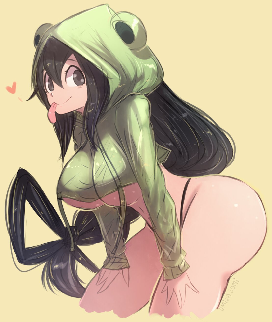 1girls artist_name ass bangs big_ass big_breasts black_hair breasts crop_top curvy eyelashes female female_focus female_only frog_hood g-string grey_eyes hair_between_eyes hand_on_thigh heart highres hips hoodie huge_ass human large_ass large_breasts leaning_forward long_hair long_sleeves long_tongue looking_at_viewer my_hero_academia navel omiza_somi panties pinup revealing_clothes shiny_skin side_view simple_background skimpy smile solo solo_female thick thighs thong tied_hair tongue tongue_out tsuyu_asui underboob underwear very_long_hair voluptuous wide_hips yellow_background