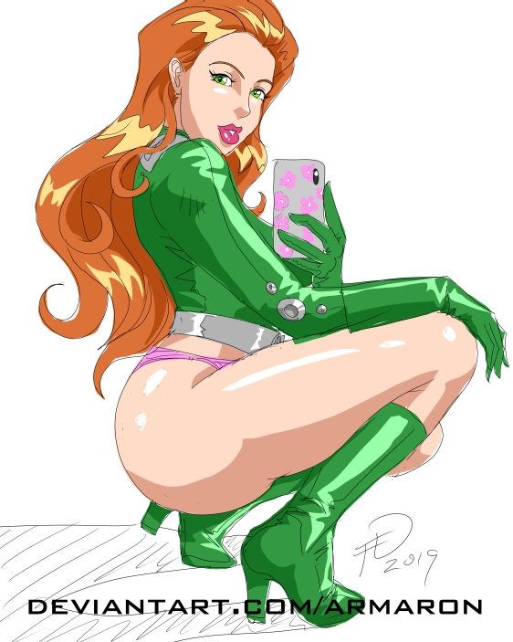 1girls armaron big_ass big_butt boots female female_only half-dressed high_heel_boots high_heels lingerie no_pants panties pink_panties pose sam_(totally_spies) selfie solo squat squatting thigh_boots thighhigh_boots totally_spies underwear