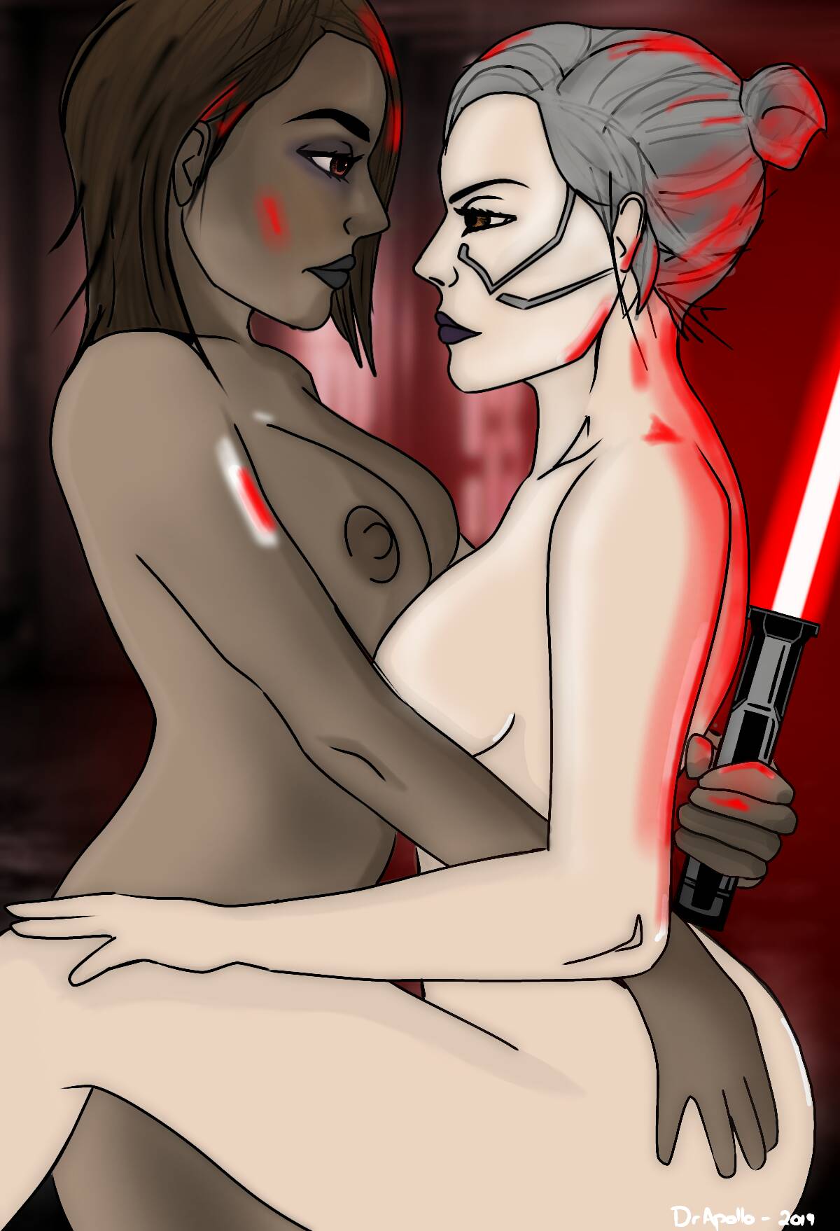 2girls big_breasts dark-skinned_female dathomiri drapollo duo female_only inquisitor_(star_wars) jedi:_fallen_order lesbian merrin multiple_girls nightsister nude nude_female pale-skinned_female second_sister star_wars text trilla_suduri yuri