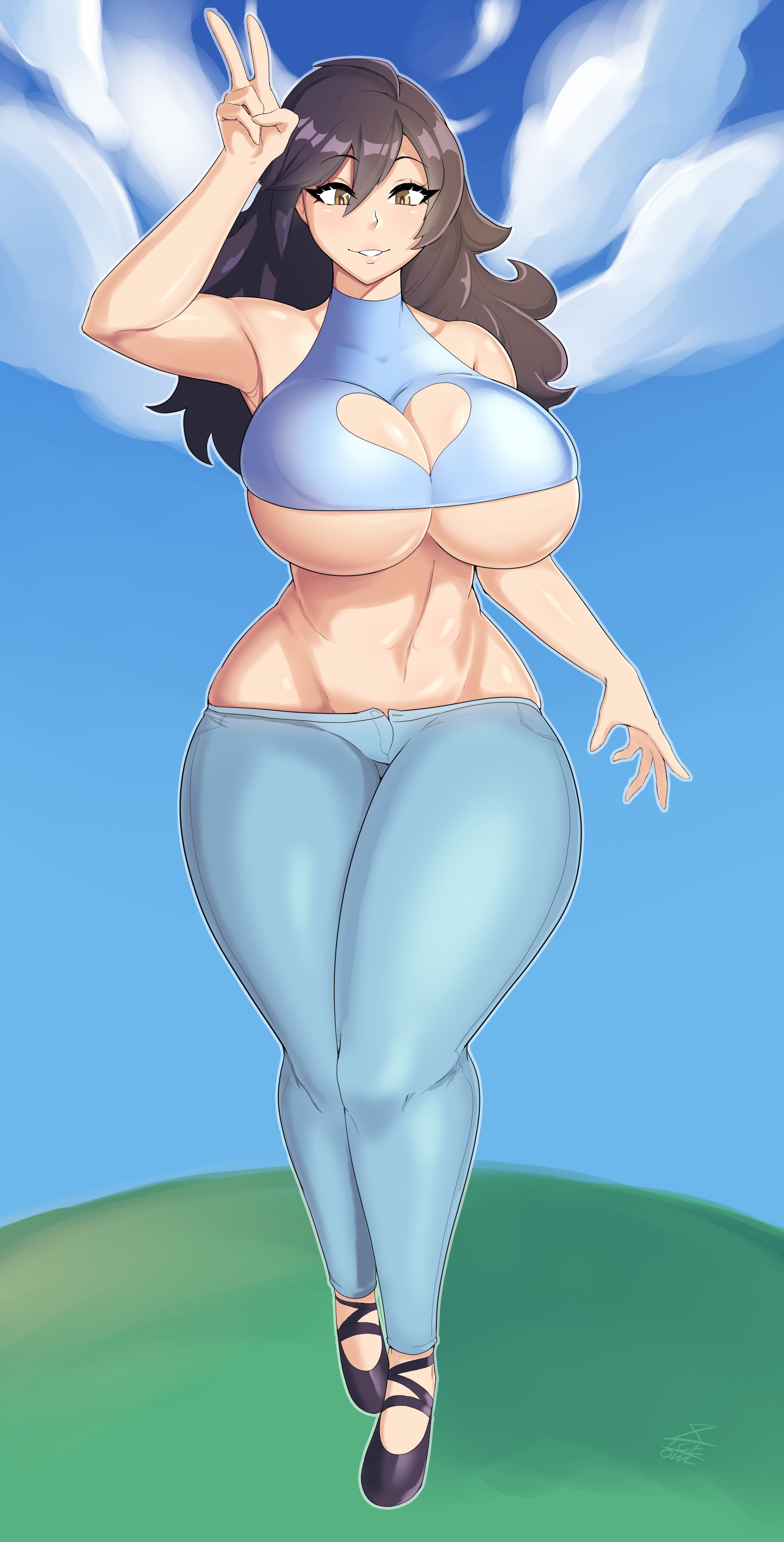 1girls, armpit, big breasts, big thighs, black hair, breasts, brown eyes, bursting breasts, cleavage, cleavage cutout, clothed, clothed female, cloud, crop top, curvy, eyebrows visible through hair, eyelashes, female, female only, heart, heart cutout, hips, hourglass figure, huge breasts, jeans, large breasts, long hair, looking at viewer, navel, outdoors, pants, peace sign, posing, sleeveless, smile, solo, solo female, standing, thick thighs, thighs, tight clothing, tight jeans, tight pants, underboob, v, voluptuous, wide hips, xiceowl
