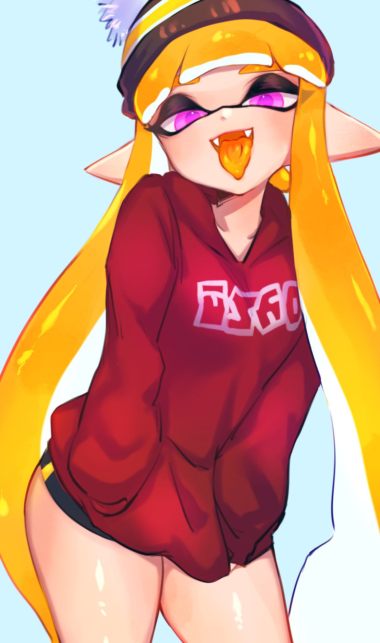 1girls, animal humanoid, anthro, breasts, cephalopod, cephalopod humanoid, fangs, female, female only, hoodie, humanoid, inkling, inkling girl, jacket, jtveemo, mask (marking), nintendo, orange hair, pointy ears, pseudo hair, purple eyes, small breasts, solo, splatoon, splatoon (series), splattritt, squid, tentacle, tentacle hair, thick thighs, tongue, tongue out
