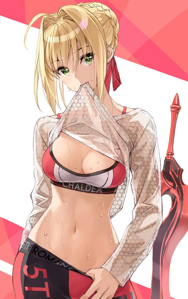 1girls bangs belly blonde_hair braid eyebrows_visible_through_hair fate/extra fate_(series) female green_hair hair_bun head_tilt long_sleeves looking_at_viewer nero_claudius_(fate) pants_pull pulled_by_self red_ribbon ribbon see-through shirt_in_mouth shirt_lift sidelocks sportswear sweat wet yahako yoga