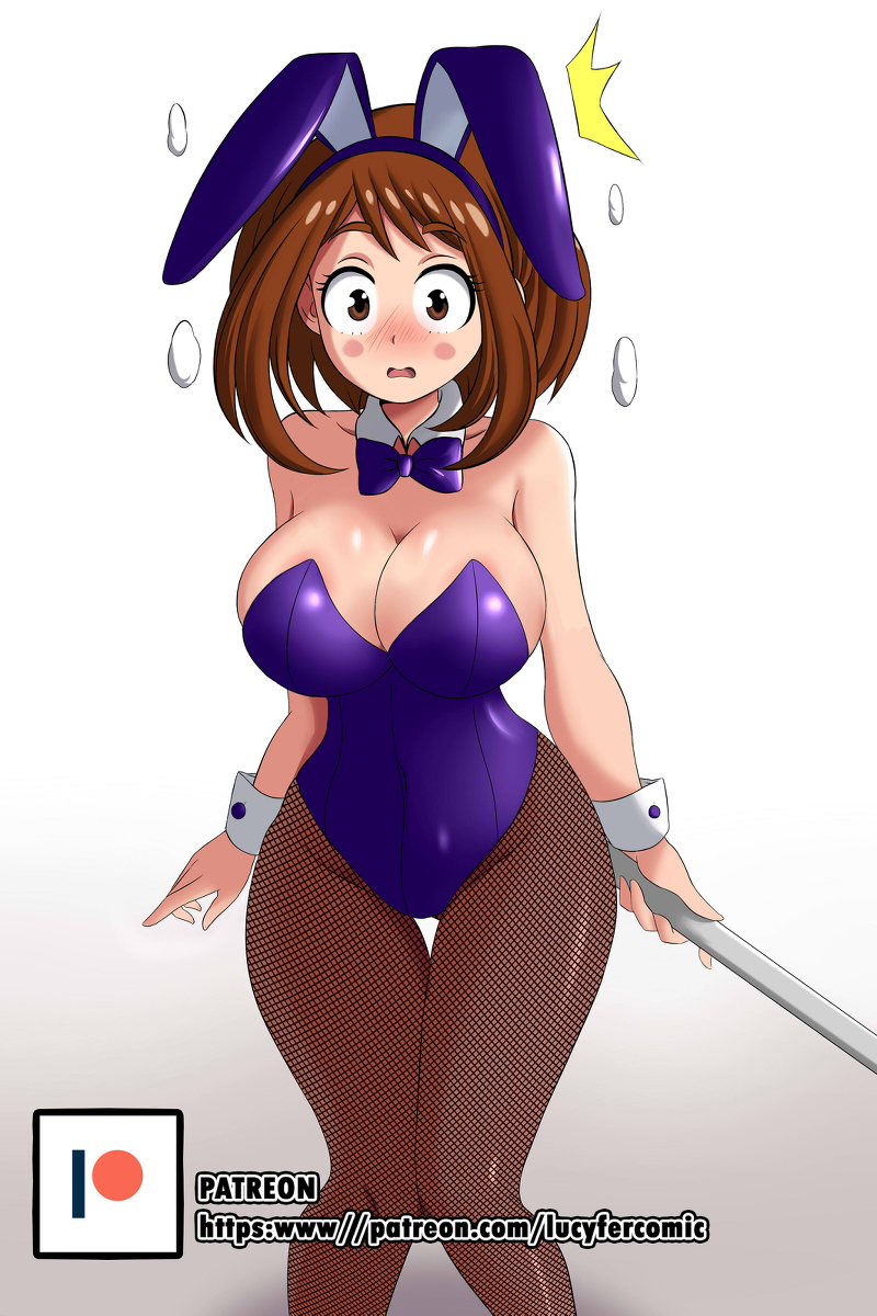 1girls, ass, big ass, big breasts, big butt, bimbo, bowtie, breasts, brown eyes, brown hair, brown-haired female, bunny ears, bunnysuit, busty, cleavage, curvy, female, huge breasts, large breasts, looking at viewer, lucyfercomic, my hero academia, ochako uraraka, solo, solo female, surprised, teenager, voluptuous