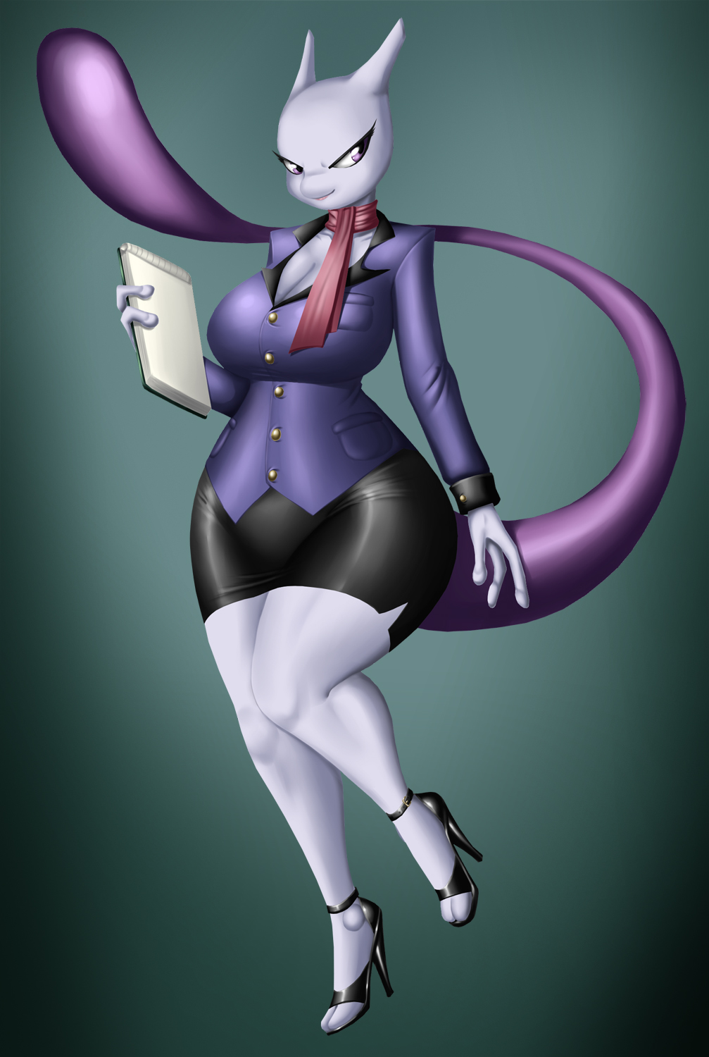 anthro anthrofied big_breasts biped bottomwear breasts clothed clothing crovirus curvy eyelashes feline female footwear hi_res high_heels legendary_pokémon mammal mature_female mew_tuely_(fan_character) mewtwo milftwo_(character) nintendo office_lady pokemon pokemon_(species) pokemorph scarf secretary shoes skirt smile solo thick_thighs tight_clothing video_games wide_hips