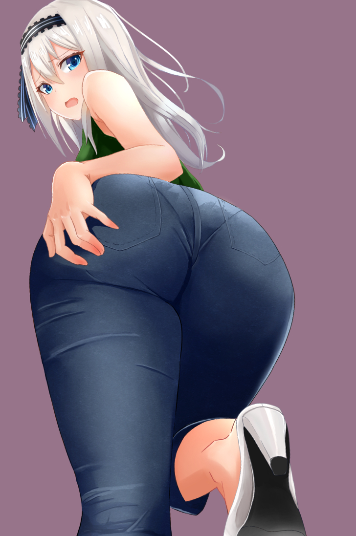 1girls, ass, ass focus, ass grab, big ass, blue eyes, blush, clothed, clothed female, clothing, female, female only, from behind, from below, high heels, jeans, kaguya-sama wa kokurasetai ~tensai-tachi no renai zunousen~, looking at viewer, looking back, pants, pantylines, shirogane kei, silver hair, simple background, solo, solo female, tight jeans, tight pants, void3223, white hair