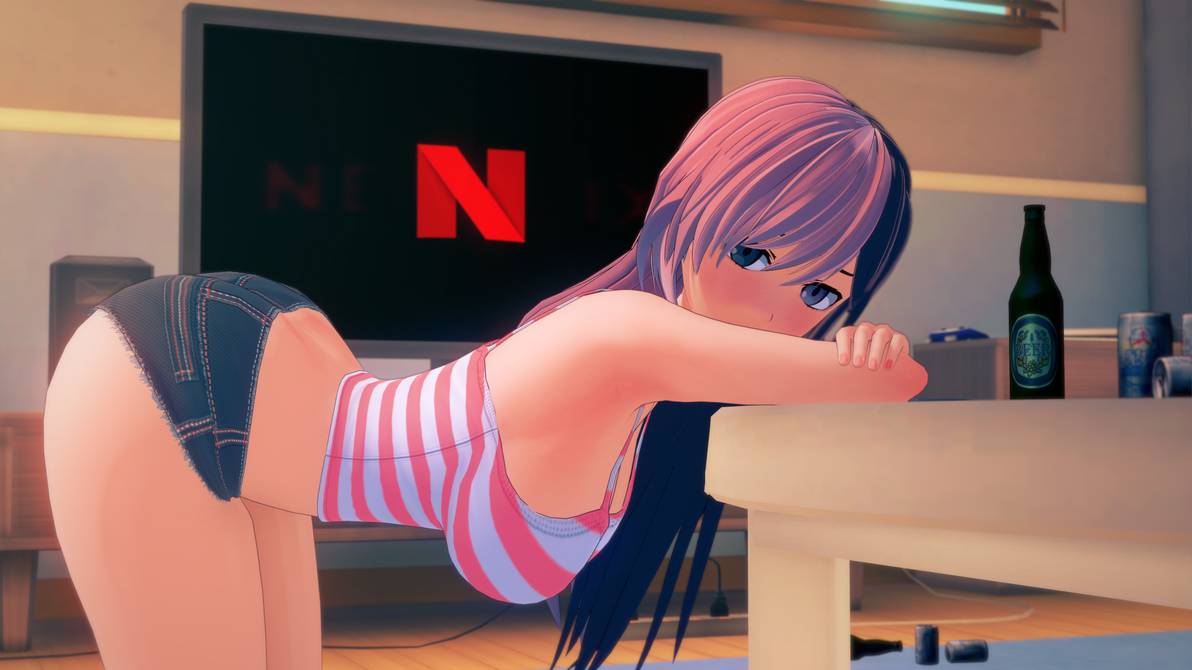 3d, beer bottle, beer can, bent over, bent over table, booty shorts, breasts, denim shorts, doggy style, drunk, female, hanging breasts, koikatsu, neo (rwby), netflix, no bra, nyxxzeiss, rwby, short shorts, tagme