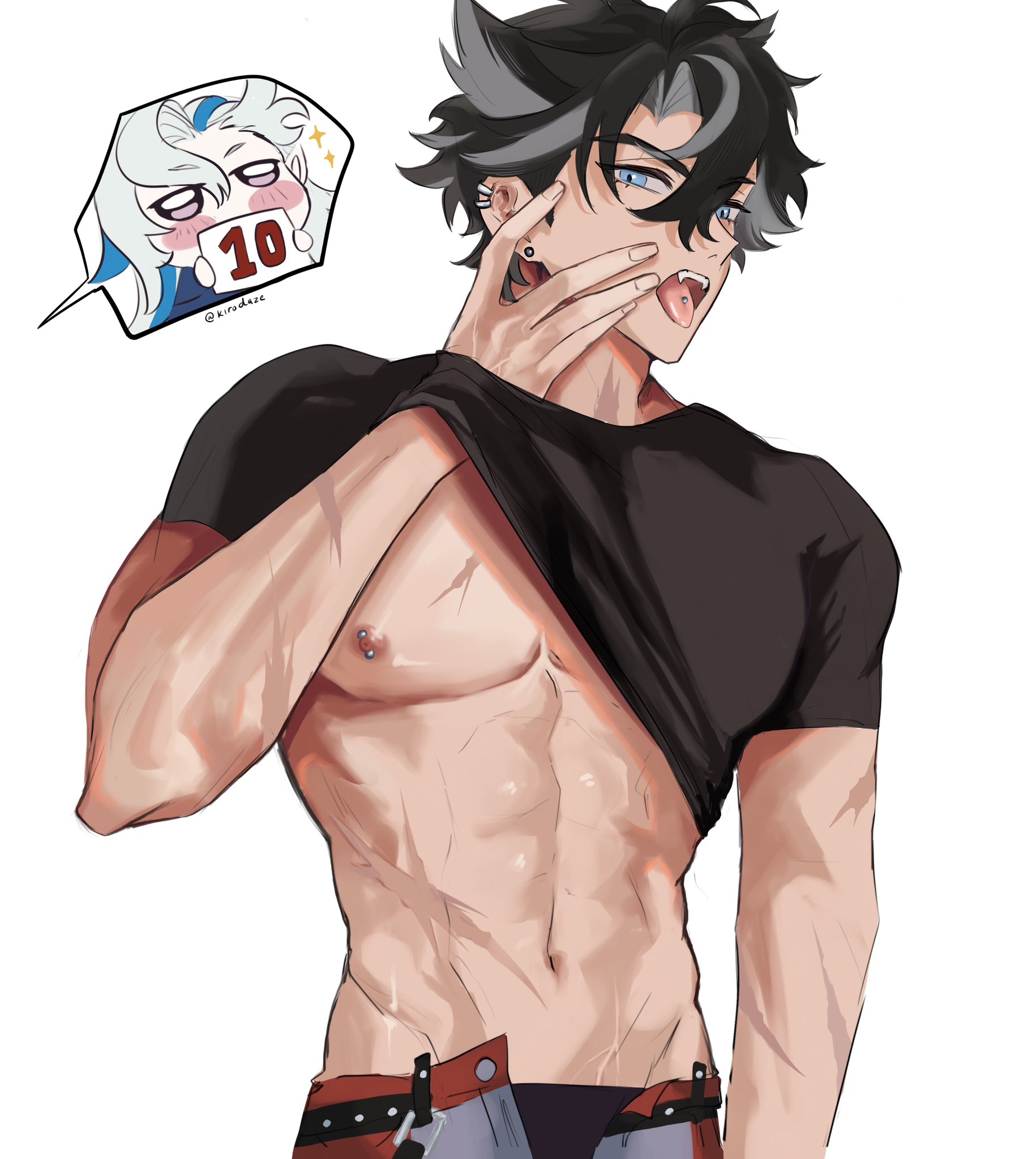 2boys, abs, black hair, blue eyes, blush, ear piercing, fangs, fit, gay, genshin impact, hoyoverse, kirodaze, male, midriff, muscular, neuvillette (genshin impact), nipple piercing, nipples, open mouth, open pants, pants unbuckled, pierced nipples, piercing, scar, scars, scars all over, shirt, shirt lift, thought bubble, toned, toned male, tongue, tongue out, tongue piercing, waist, wriothesley (genshin impact), yaoi