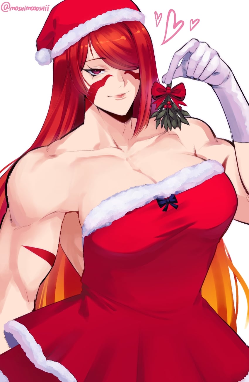 1girls artist_name christmas christmas_headwear christmas_outfit fuma_kotaro_(tenkaichi) moshimoooshii muscular muscular_arms muscular_female seductive seductive_eyes seductive_look seductive_smile simple_background tenkaichi_nihon_saikyou_bugeisha_ketteisen two_tone_hair white_background