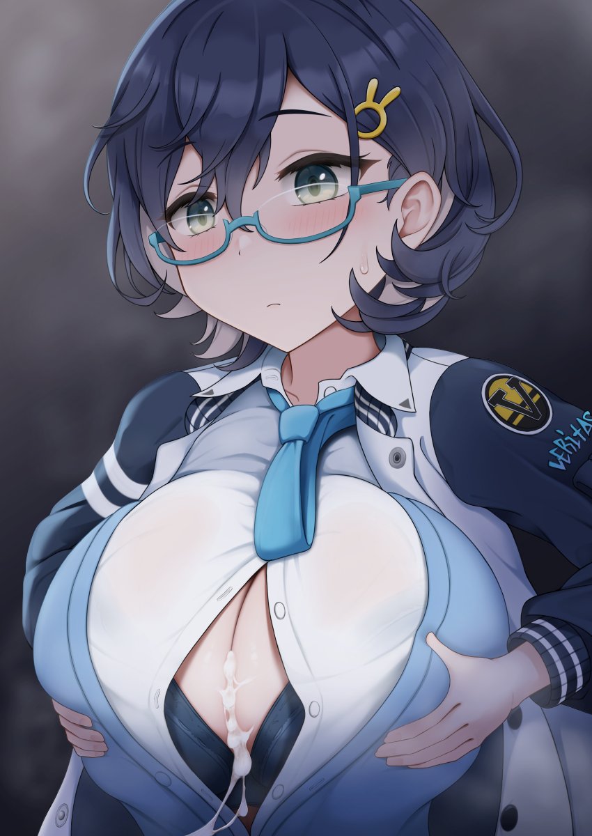 1girls akebi_konoha blue_archive chihiro_(blue_archive) cum cum_on_breasts female_focus large_breasts millennium_science_school_student paizuri penis solo solo_female tagme veritas_(blue_archive)