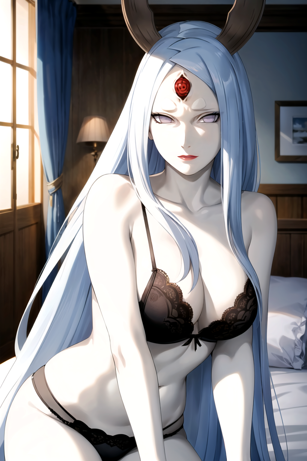 1girls 3_eyes ai_generated alien_girl bed bedroom big_breasts bra breasts byakugan cleavage curvaceous embarrassed female female_only goddess horns indoors large_breasts lingerie lipstick looking_at_viewer makeup mature mature_female milf multi_eye nai_diffusion naruto naruto_(series) naruto_shippuden otsutsuki_kaguya panties pinup rindo rinne_sharingan solo solo_focus stable_diffusion underwear very_long_hair white_body white_hair white_skin wide_hips