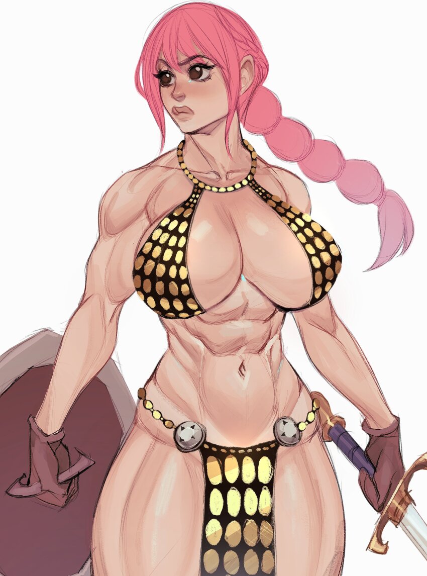 1girls abdominals abs armor biceps big_breasts clavicle cleavage collarbone female female_only full_lips gloves half_naked hip_bones huge_breasts inner_sideboob lips looking_away muscles muscular muscular_arms muscular_female muscular_thighs one_piece pink_hair rebecca_(one_piece) serious shelter shield shoulders simple_background solo solo_female sword teen teenage_girl teenager thick_lips thick_thighs voluptuous_teen white_background