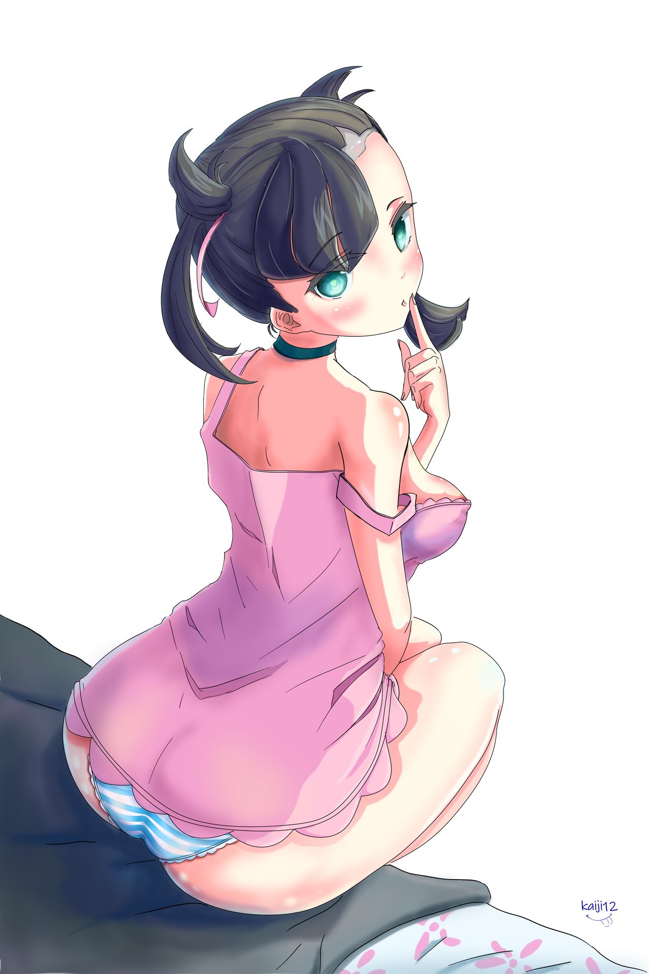 1girls, ass, big ass, blue eyes, blush, breasts, dress, eye contact, female, human, kaiji13, light skin, light-skinned female, looking at viewer, looking back, marnie (pokemon), nintendo, pale skin, pale-skinned female, panties, partially clothed, pink dress, pokemon, pokemon ss, thick ass, thick thighs, thighs, twintails, wide hips