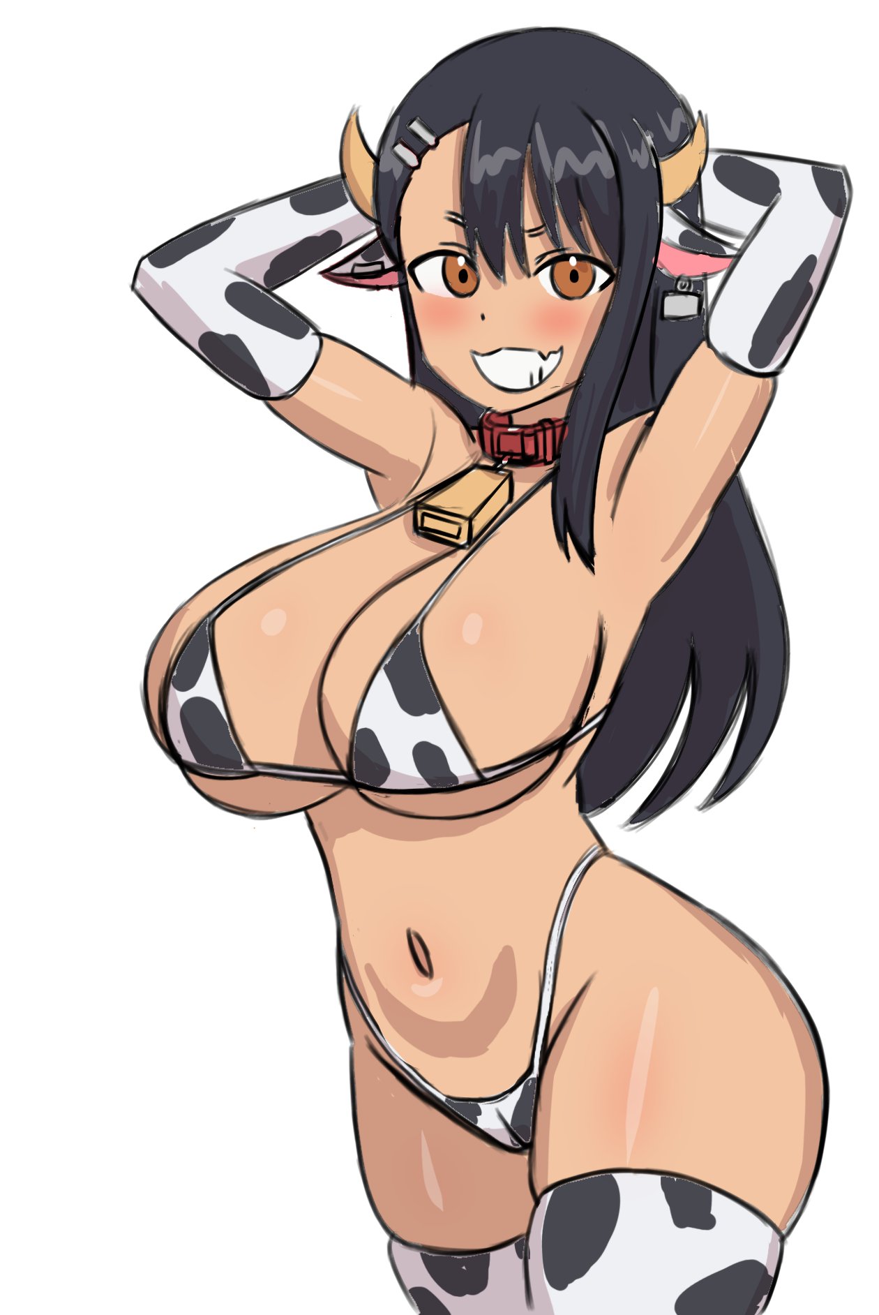 1girls, big breasts, breasts, cow bikini, cow girl, female, genki2d, hands behind head, hayase nagatoro, looking at viewer, please don't bully me, nagatoro, solo, solo female