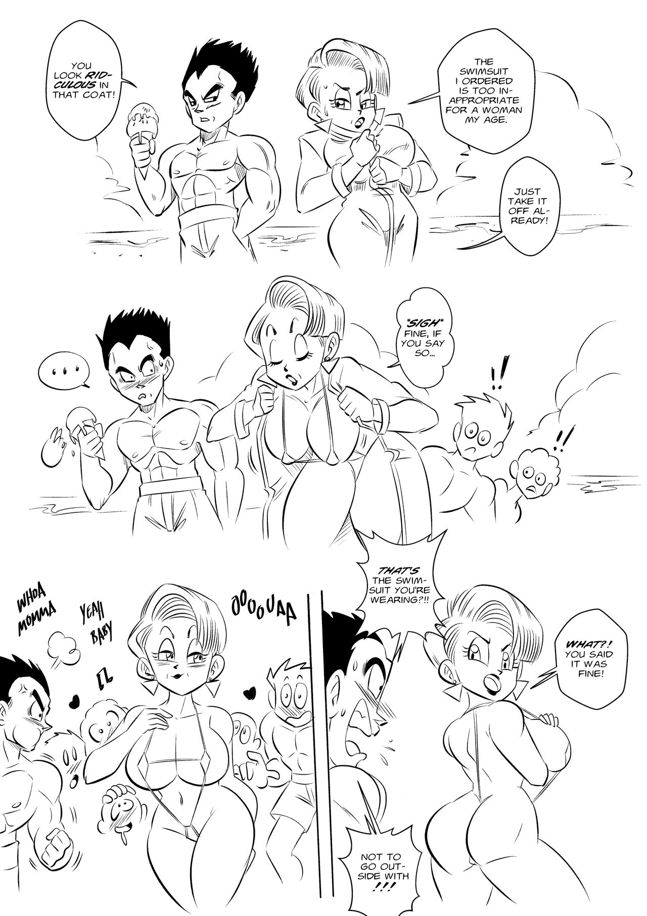1boy, 1girls, abs, anger vein, ass, big ass, big breasts, bikini, blush, breasts, bulma briefs, bulma briefs (gt saga), dragon ball, dragon ball gt, dragon ball super, dragon ball z, earrings, female, funsexydragonball, male, mature female, milf, muscular, muscular male, short hair, sweatdrop, vegeta