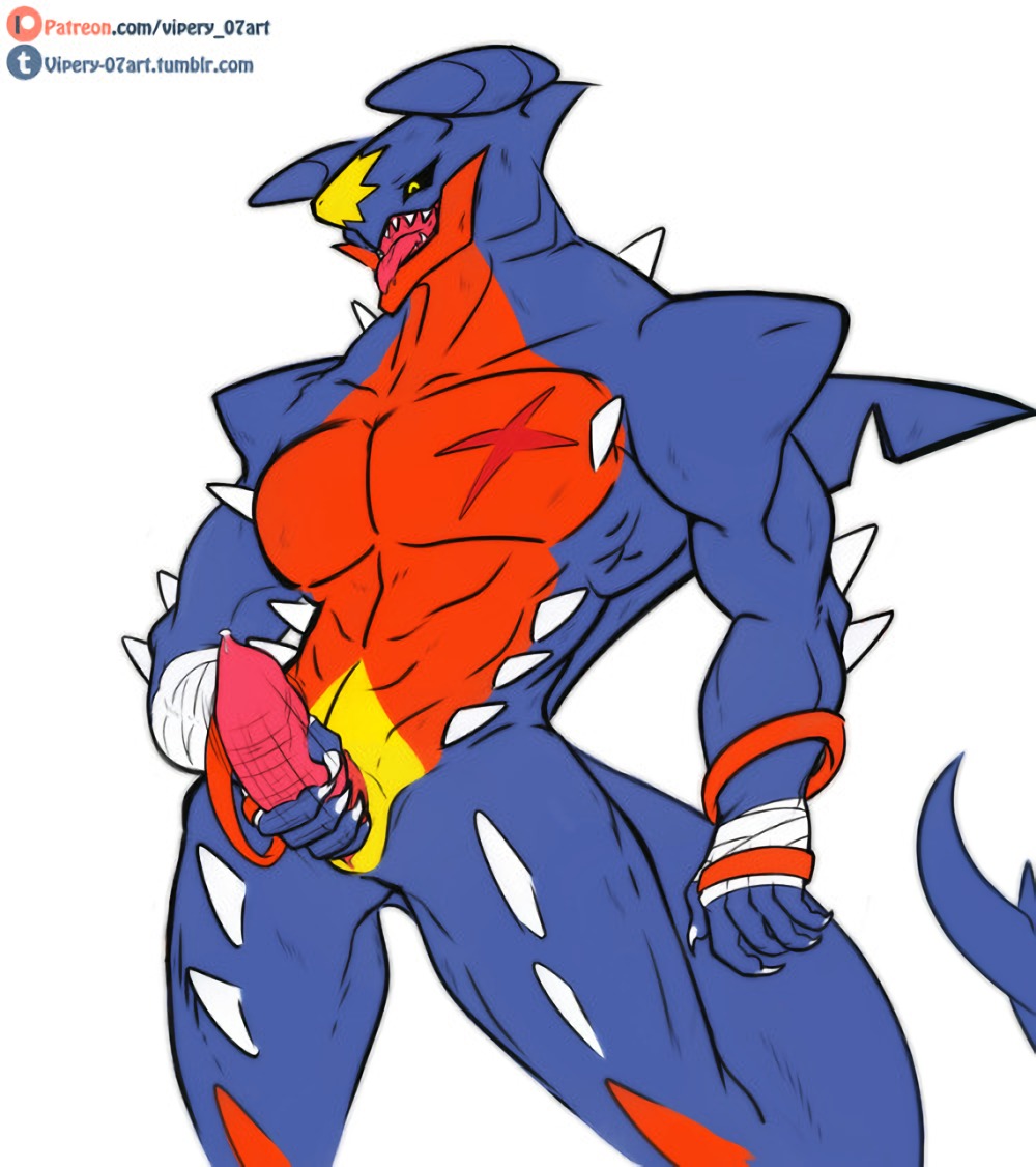 anthro anthrofied bandage bodily_fluids claws dragon fan_character fangs garchomp genital_fluids genitals looking_pleasured male male_only masturbation mega_evolution mega_garchomp muscular muscular_male nintendo open_mouth penis pleasure_face pokémon_(species) pokemon pokemon_(species) precum scar simple_background solo spikes standing sugarbeasts-07 tapering_penis tongue video_games white_background