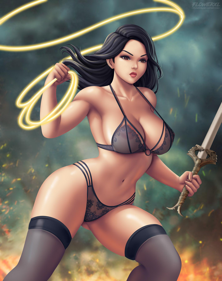 1girls, areolae, big breasts, black hair, bra, breasts, cleavage, dc, dc comics, diana prince, female, female only, flowerxl, large breasts, lingerie, nipples, panties, solo, wonder woman, wonder woman (series)