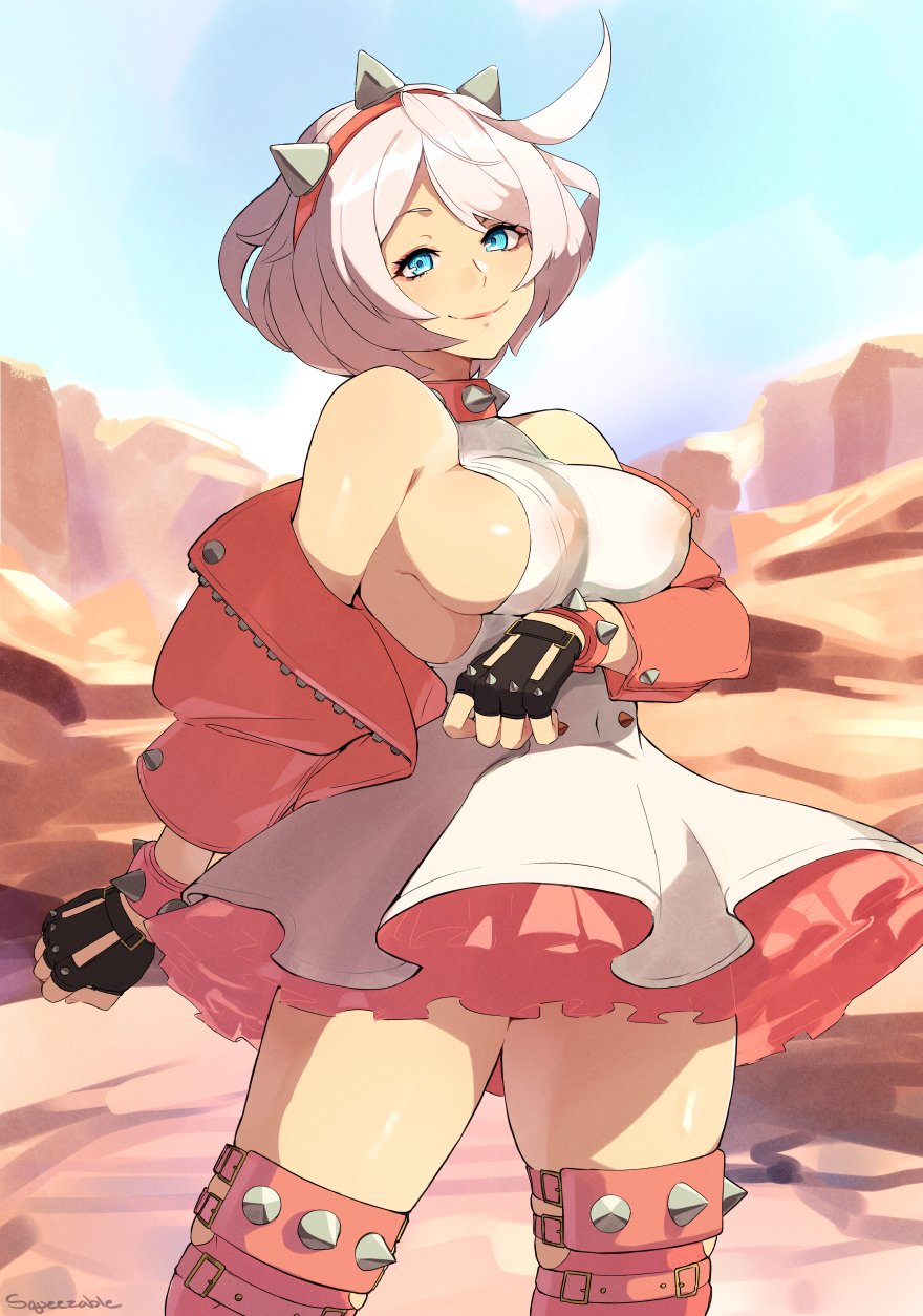 1girls, blue eyes, blush, breasts, dress, elphelt valentine, female, female focus, female only, frilled dress, frills, fully clothed, gloves, guilty gear, guilty gear strive, hairband, highres, jacket, large breasts, light skin, pink hair, see-through, short hair, skirt, smile, solo, spiked collar, squeezable, thighs, white hair