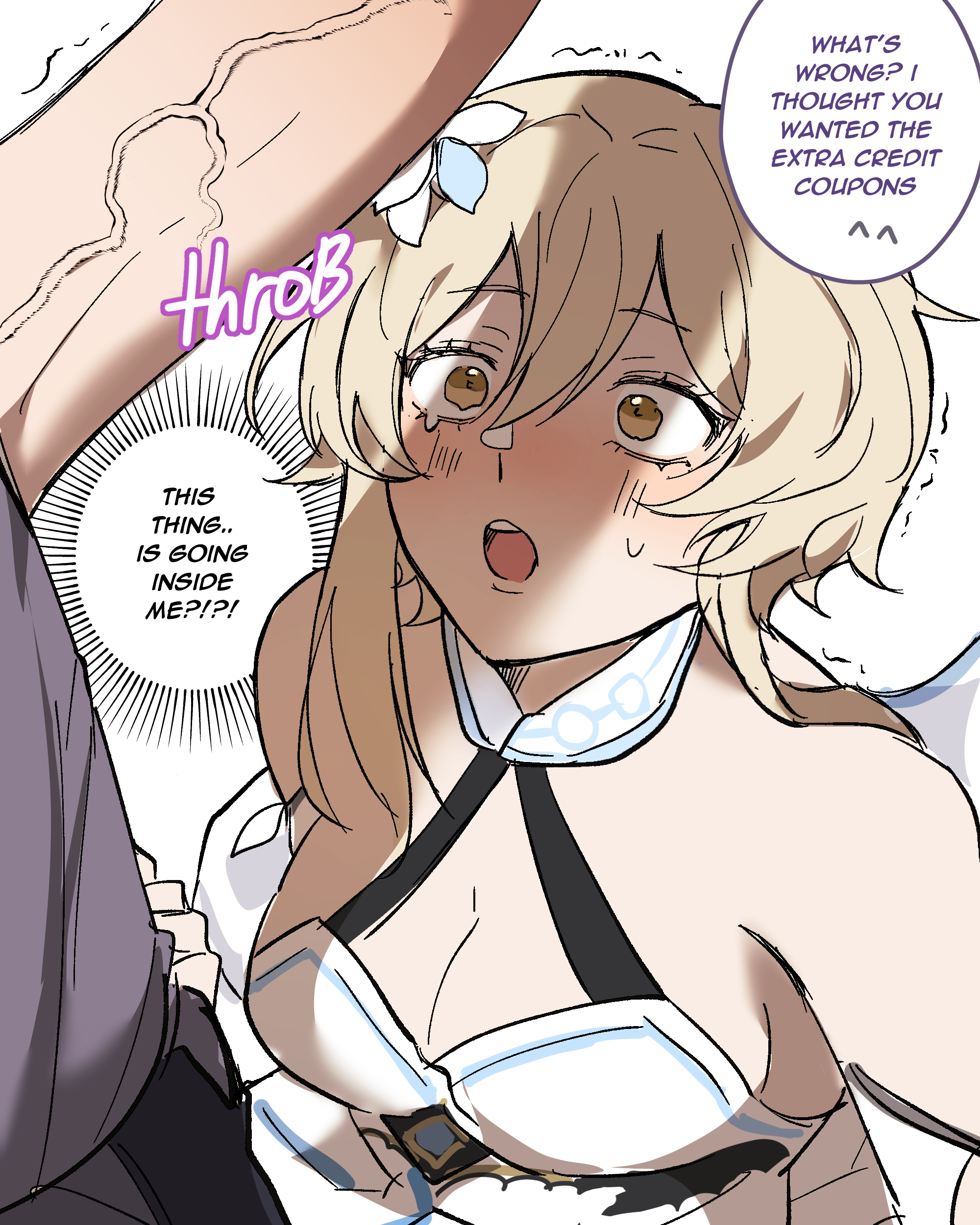 1boy, 1girls, big penis, blonde hair, blush, dracorux, female, flower, genshin impact, hoyoverse, lumine (genshin impact), male, penis, penis awe, penis shadow, surprised, veiny penis, wriothesley (genshin impact)