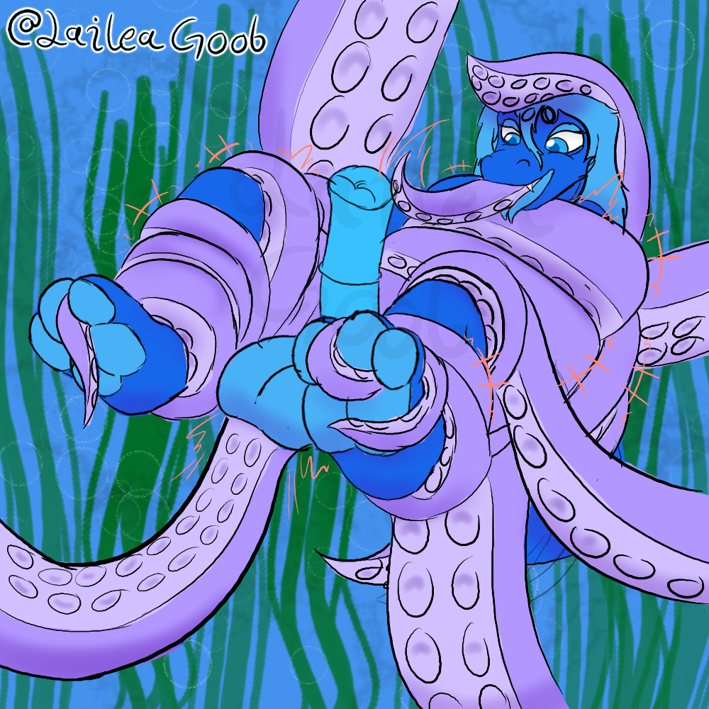 3_toes all_the_way_through anal animal_genitalia animal_penis anthro blue_body blue_hair coiling equine_genitalia equine_penis feet foot_focus genitals hair kobold lailea_zuvi laileagoob male male_only penis tentacle threaded_by_tentacle toes tongue tongue_out underwater water