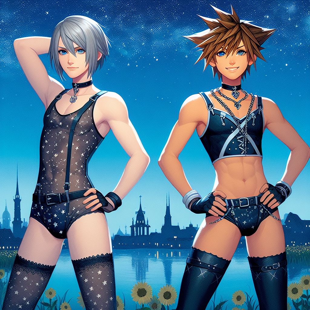 ai_generated bing_image_creator crossdressing femboy kingdom_hearts leotard riku shorts skirt sora sora_(kingdom_hearts) thigh_highs