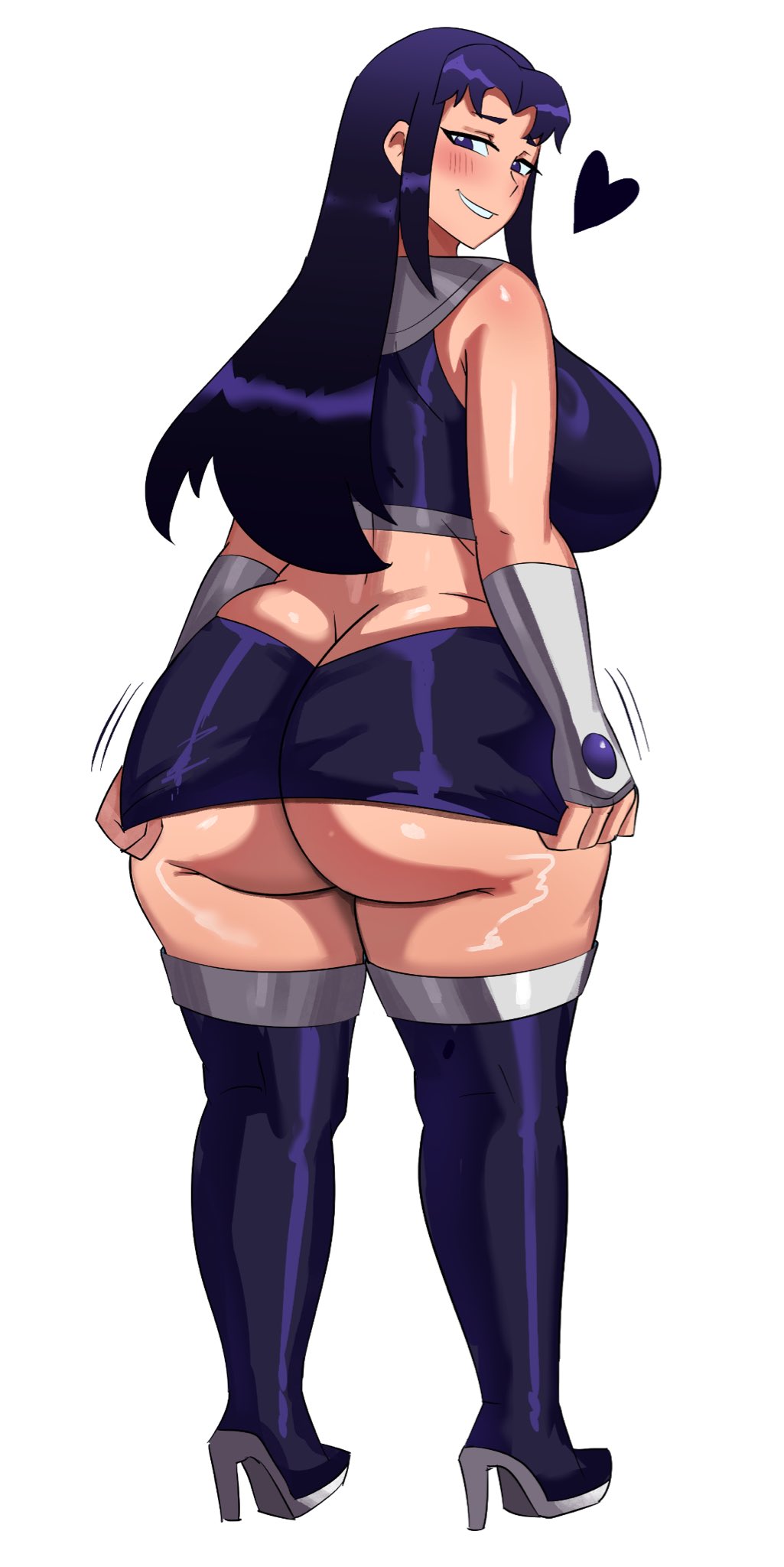 1girls, ass, ass cleavage, ass crack, black hair, blackfire, breasts, butt crack, dc, dc comics, female, huge ass, huge breasts, long hair, microskirt, naughty face, short skirt, simple background, skirt, teen titans, thick thighs, ytrall